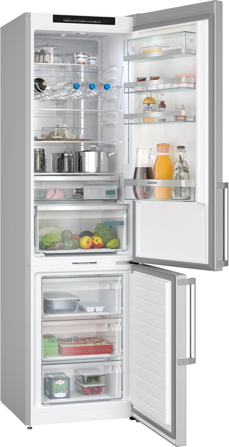 SIEMENS KG39NAIAT iQ500 Standing Fridge-Freezer Combination, 203 x 60 cm, 260 L Cooling & 103 L Freezer, Freezer Area Bottle, NoFrost, hyperFresh, BottleCooler, Brushed Steel [Energy Class A]