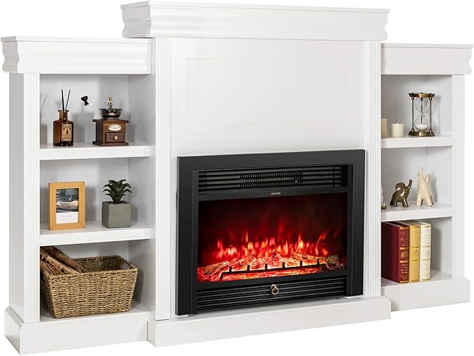 Tangkula 70 Inches Mantel Fireplace, 750W/1500W Electric Fireplace w/Mantel & Built-in Bookshelves, 28.5-Inch Electric Fireplace w/Remote, 1-8H Timer, Adjustable Flame Brightness & Color