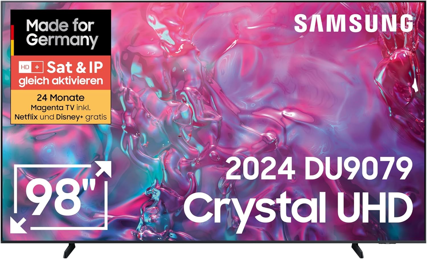 Samsung Crystal UHD 4K DU9079 TV, 98 Inches, Samsung TV with AI Supersize Picture Enhance, Motion Xcelerator 120 Hz, Crystal Processor 4K, Smart TV, AI TV, GU98DU9079UXZG, German Model (2024) [Energy Class F]