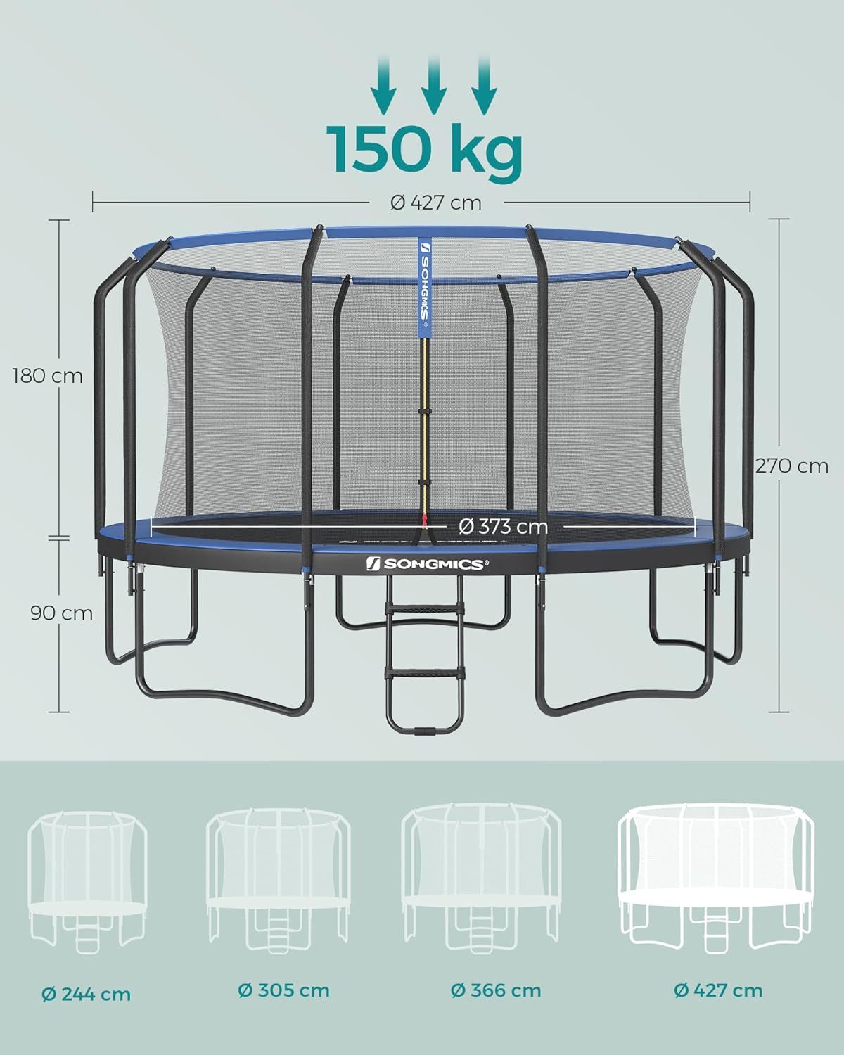 SONGMICS Outdoor Trampoline Ø 427 cm, Round Garden Trampoline with Safety Net and Ladder, Edge Cover, Padded Frame, for Childre