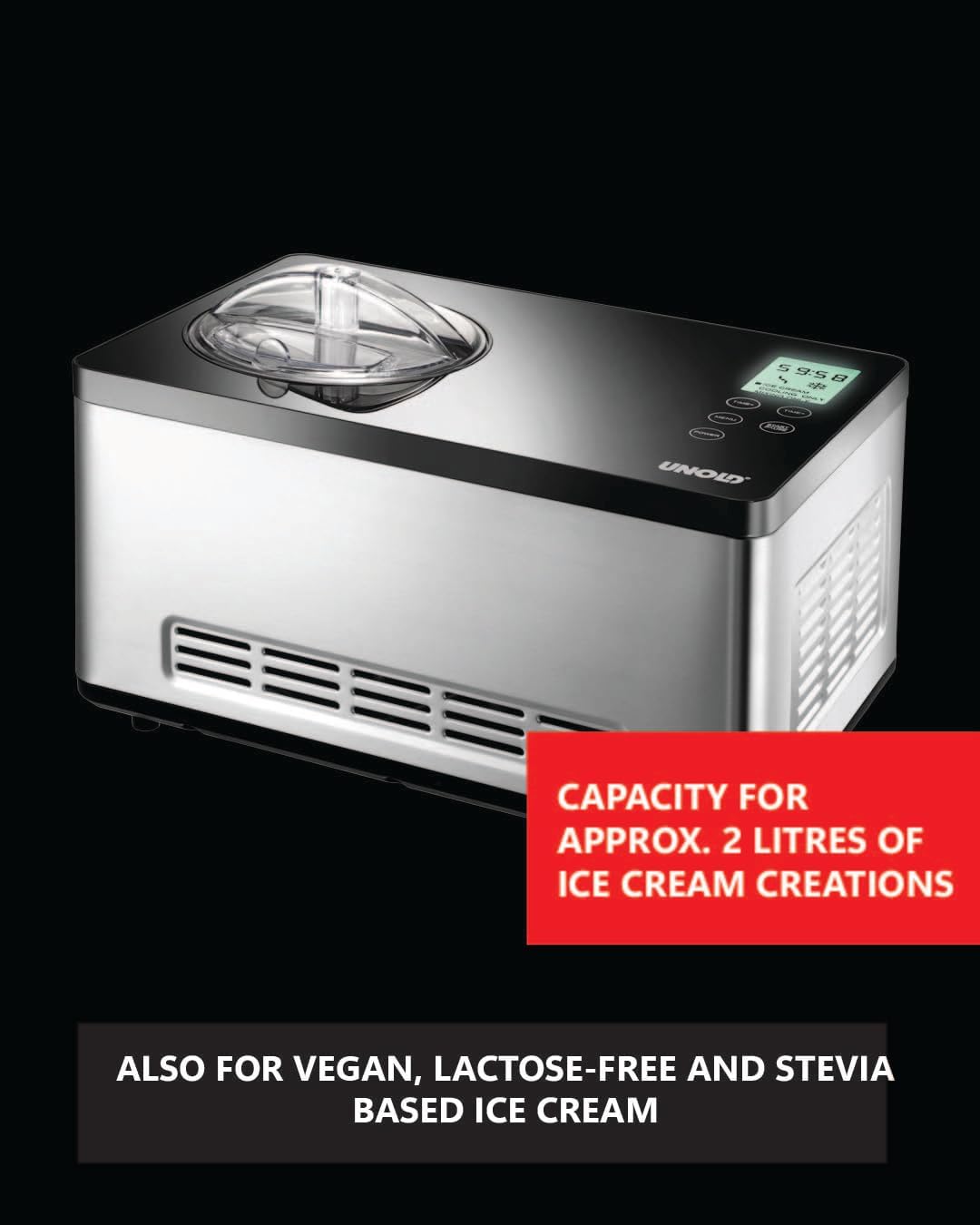 Unold Ice Cream Maker Gusto 48845, 2L Stainless Steel Bowl, Self-Cooling Compressor, Automatic, Includes Recipe Book