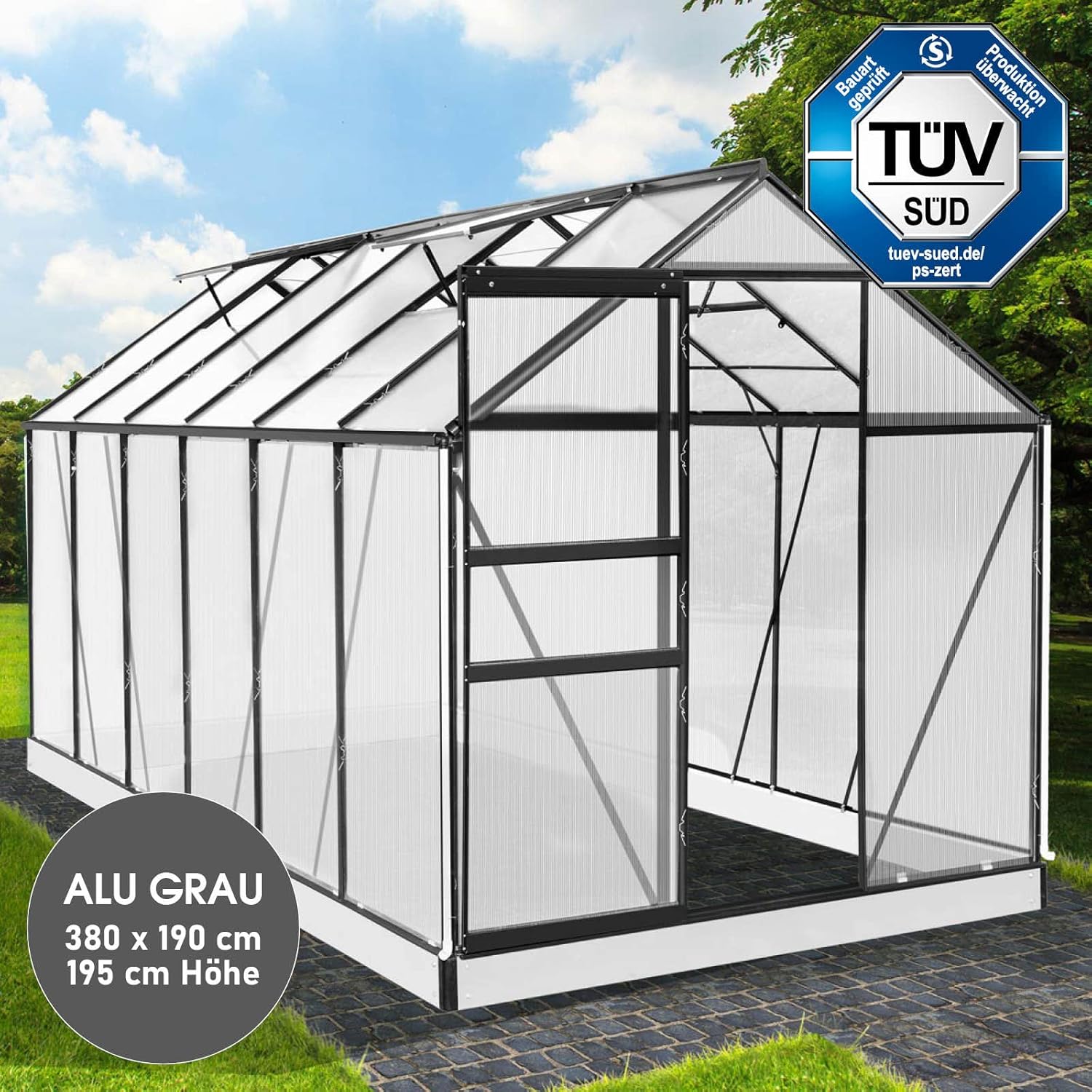 BRAST Aluminium Greenhouse with Base 380 x 190 x 195 cm, TÜV Tested, 6 mm Hollow Chamber Panels, Rustproof/Weatherproof/Temperature-Resistant