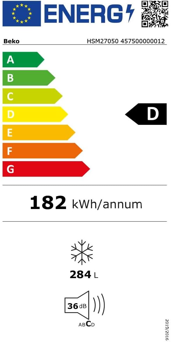 Beko HSM27050 Freezer, Freezer, 284 L Usable Volume, 2 Freezer Baskets, Temperature Alarm, Lockable, LED Display System, Interior Lighting, 36 dB (A), Transport Wheels, White [Energy Class D]