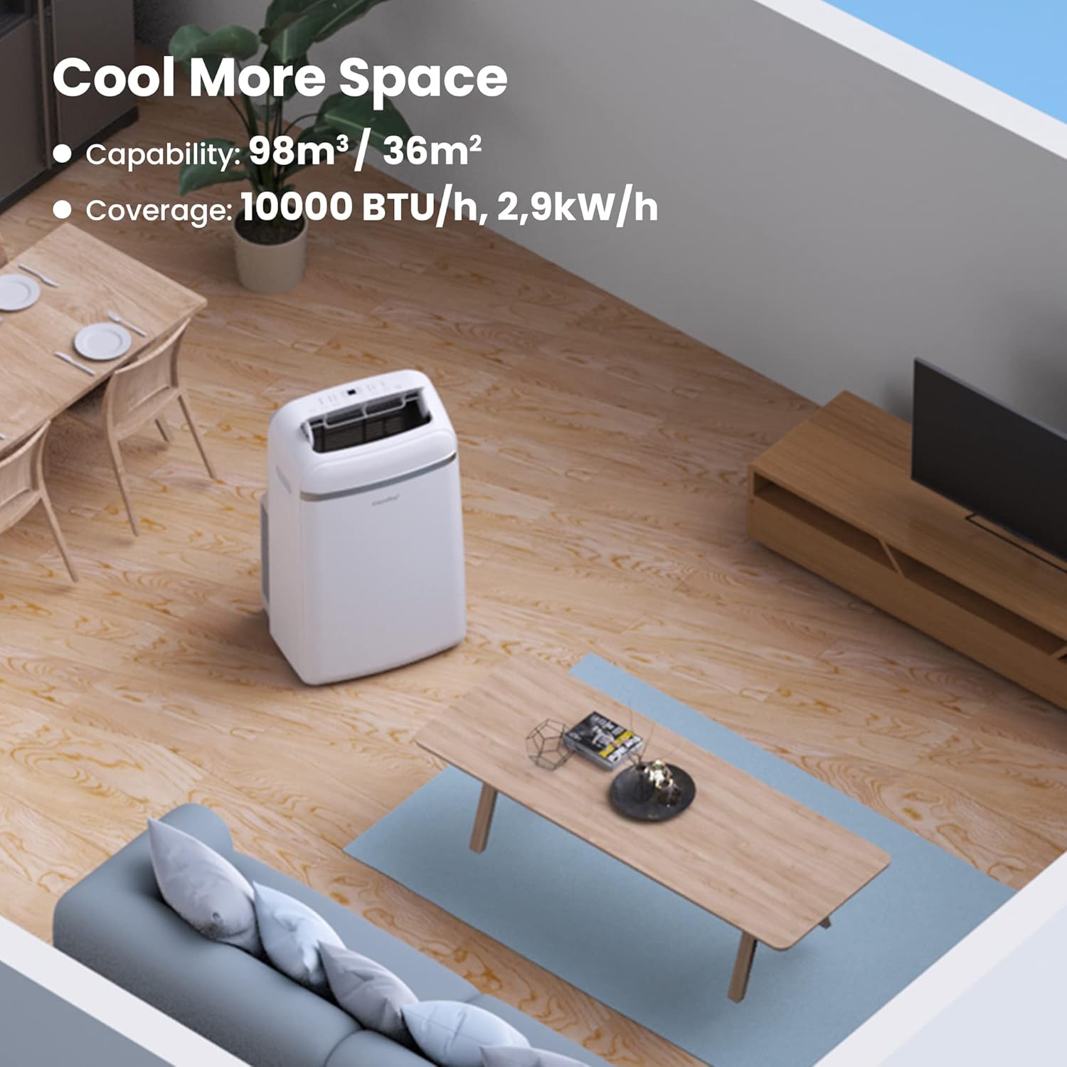 Comfee Mobile Air Conditioner Environmentally Friendly Refrigerant Pro, 3-in-1 Air Conditioner with Exhaust Hose, Cooling and Dehumidification and Ventilation, 10,000 BTU, 2.9 kW, for Rooms Approx. 80 [Energy Class A+]