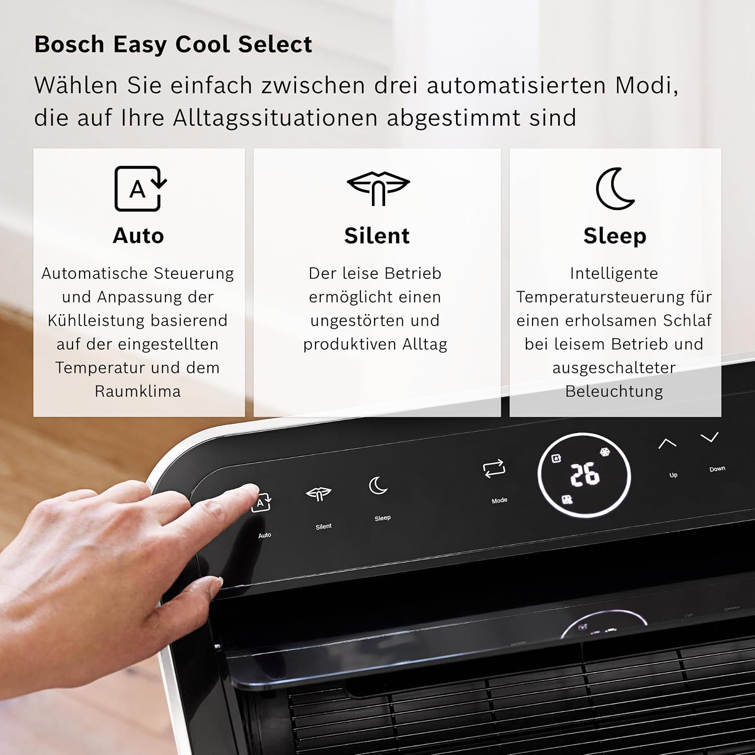 Bosch Cool 5000 Mobile Air Conditioner, 3-in-1 Air Conditioner, Dehumidifier, Fan, 3.4 kW for Rooms up to 46 m², with Auto Mode, Silent Mode and Sleep Mode