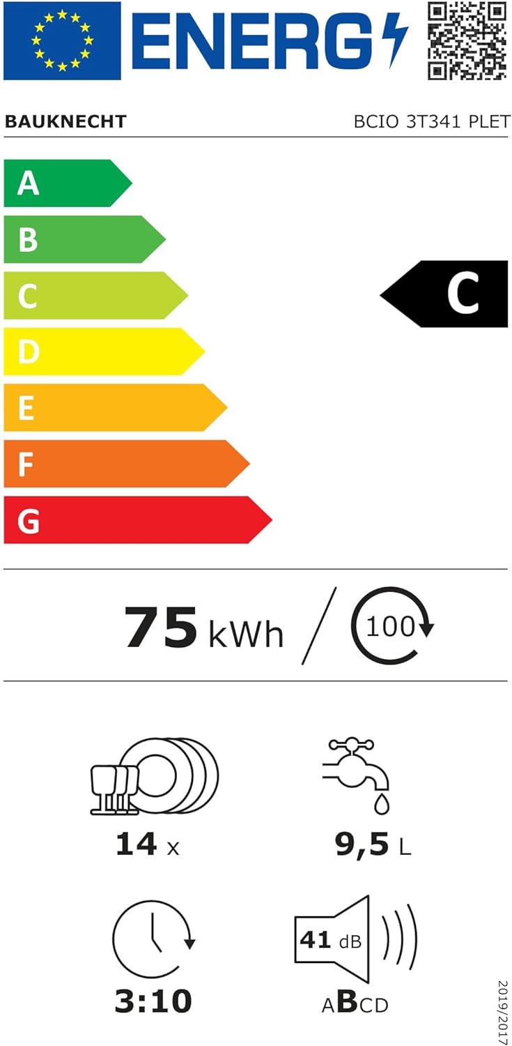 Bauknecht BCIO 3T341 PLET Vollintegrierbarer Geschirrspüler 60 cm /Edelstahl/14 Maßgedecke/10 Standardprogramme und 1 Sensorprogramm/PowerClean/ActiveDry/Besteckschublade/Vollwasserschutz