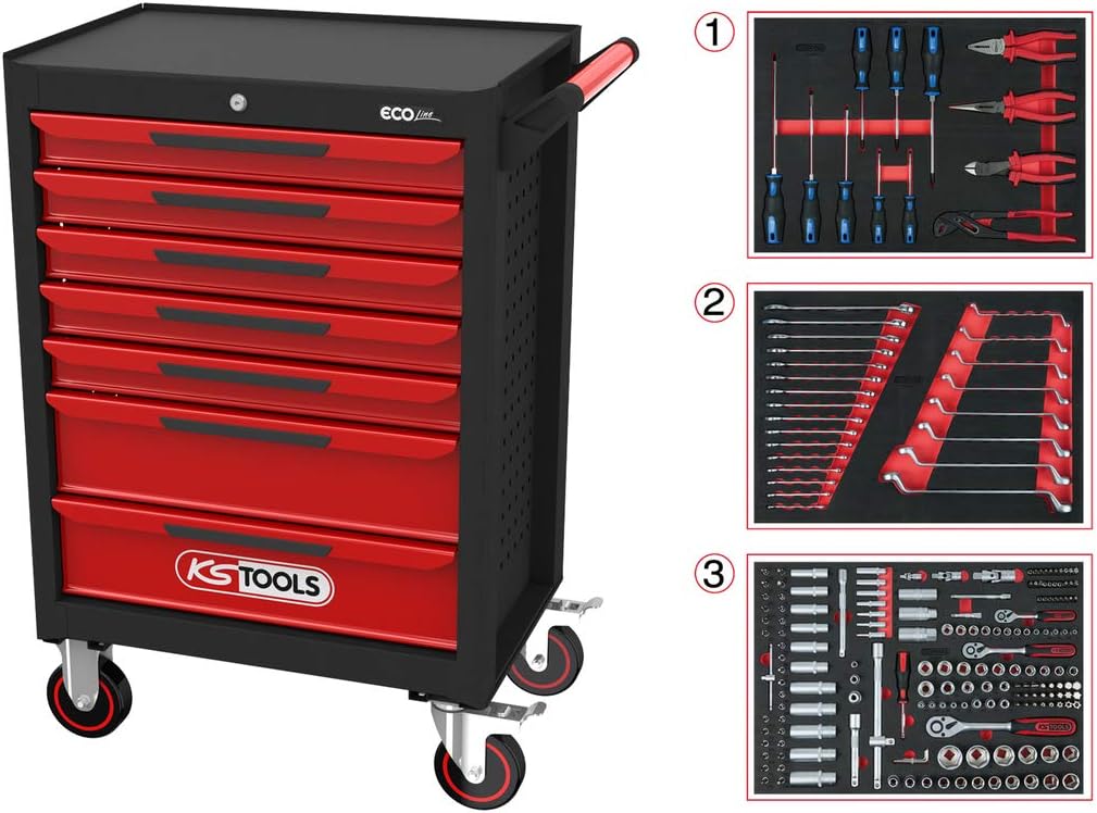 KS Tools Ecoline 897.7215 Workshop Trolley with 7 Drawers and 215 Premium Tools Black/Red