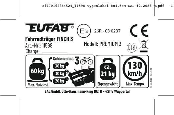 EUFAB 11598 FINCH Bicycle Carrier for 3 Bicycles