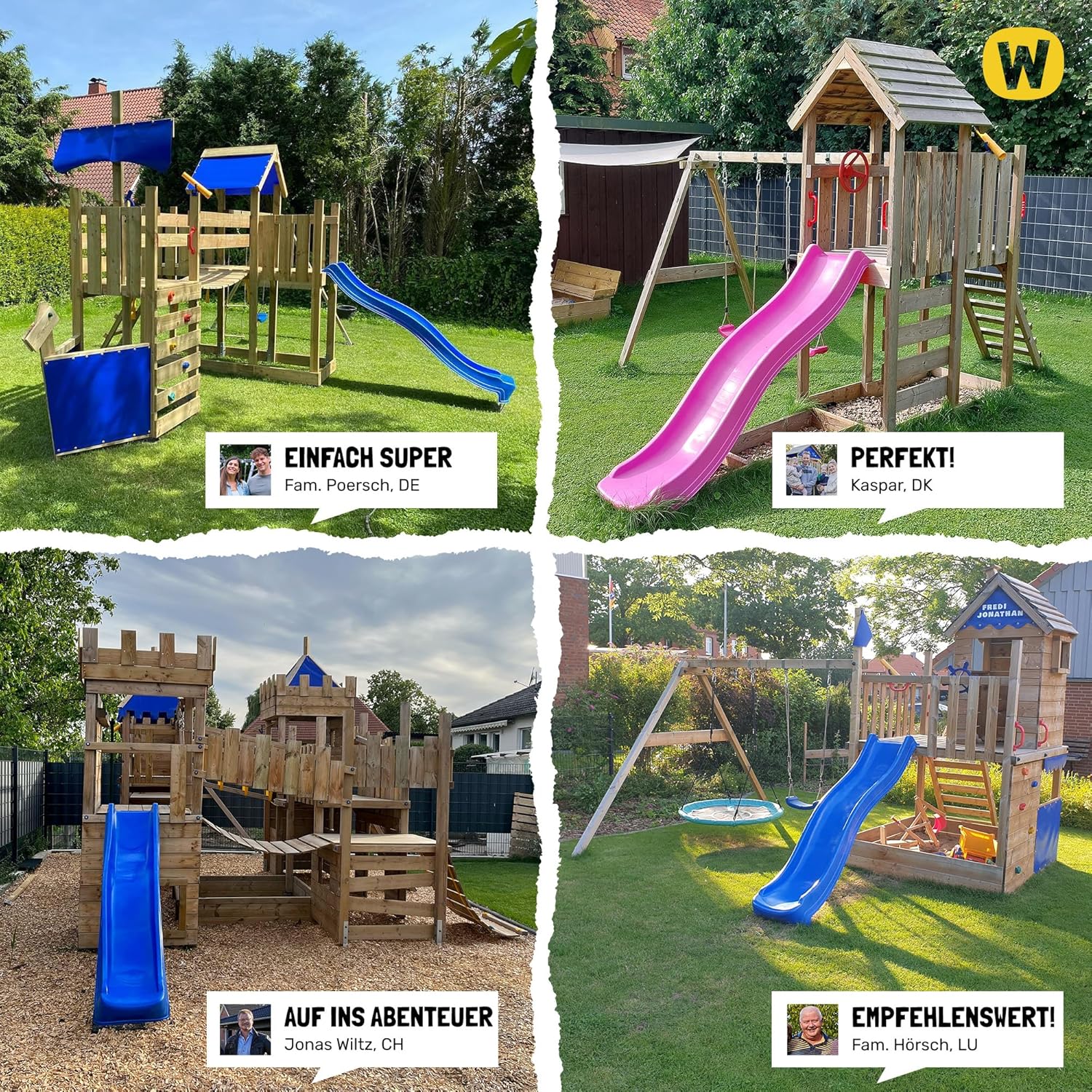 WICKEY MultiFlyer Play Tower Climbing Frame Wooden Roof with Swing and Green Slide, Climbing Tower with Wooden Roof, Sandpit, Ladder and Play Accessories