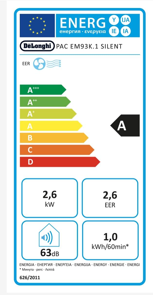 De'Longhi EM Series Pinguino Pac EM93K Silent, Aire Acondicionado Portátil Silencioso, 10.500 BTU/h, 90m3, 2.6 kW, 3 Velocidades, Gas R290, 1105 W, 90 Cubic_Feet, 63 Decibeles, White [Clase de eficiencia energética A]