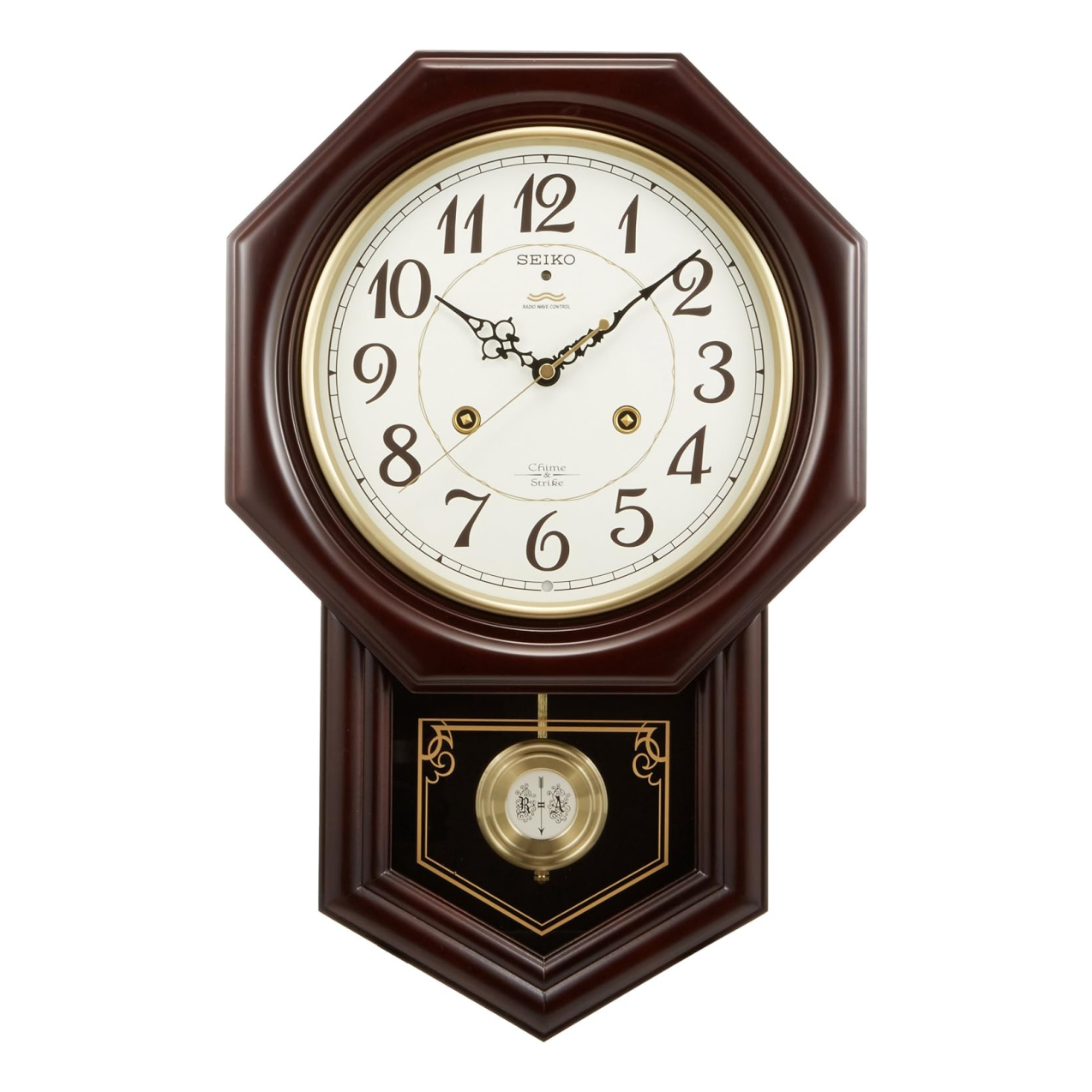 Seiko Clock RQ205B Wall Clock, Radio Controlled, Analog, Selectable Time Report, Chime & Strike, Decorative Pendulum, Octagonal Tail Length, Wooden Frame, Dark Brown, Wood