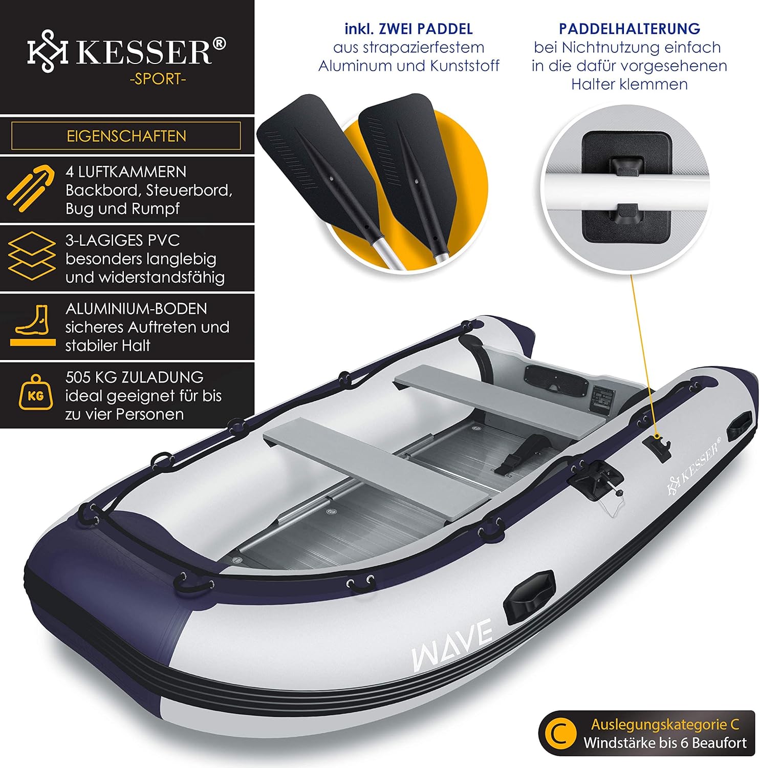KESSER® Inflatable Boat 3.20 m for 4 People - Wave Motor Suitable Leisure Boat Paddle Boat Motor Boat Fishing Boat - with 2 Benches - Aluminium Base Paddle Pump Repair Kit & Bag Inflatable PVC