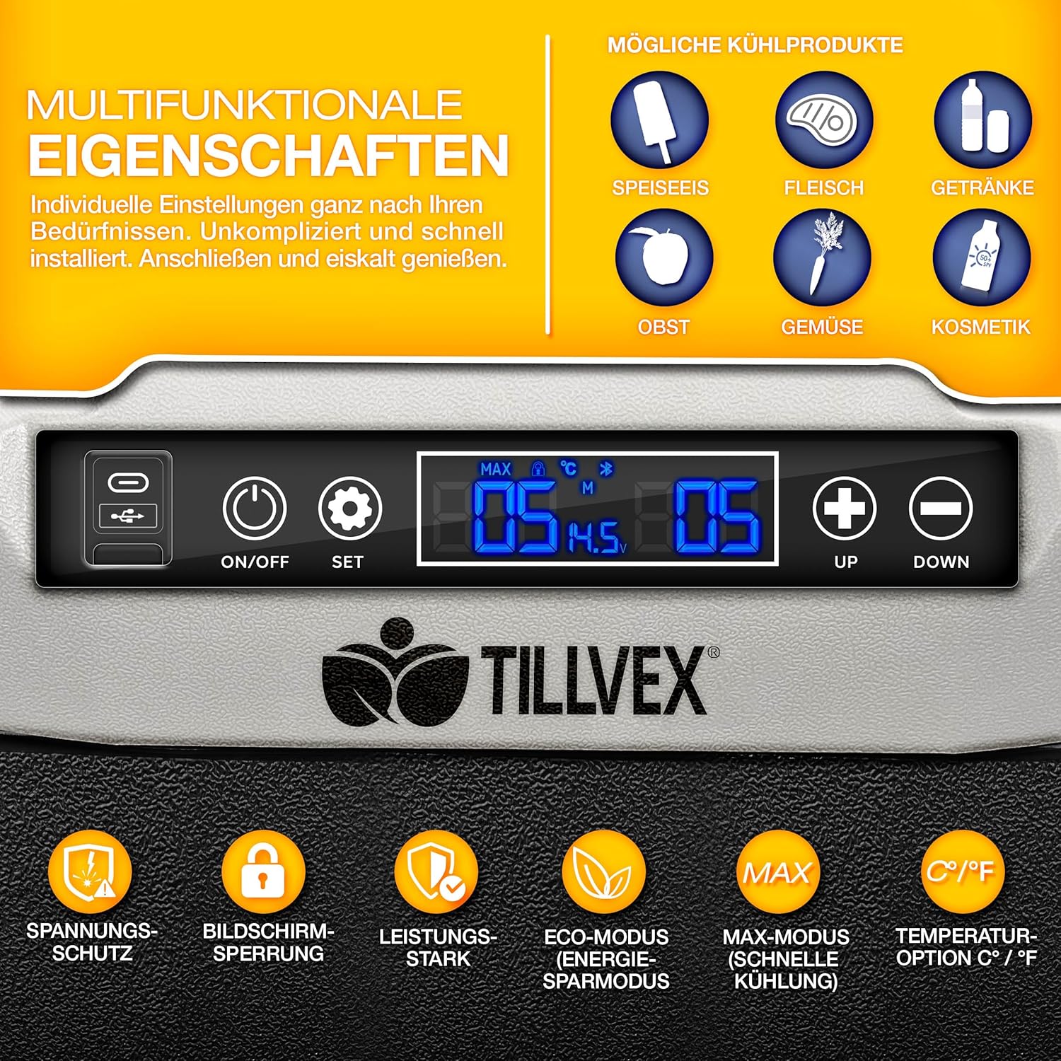 tillvex® Kompressor Kühlbox elektrisch 40-60 Liter | Elektrische Gefrierbox WIFI-APP-Steuerung 12/24 V 230V | Kühlschrank bis -20 °C für Auto, Lkw, Camping (Schwarz, 50 Liter - mit Akku) [Energieklasse B]