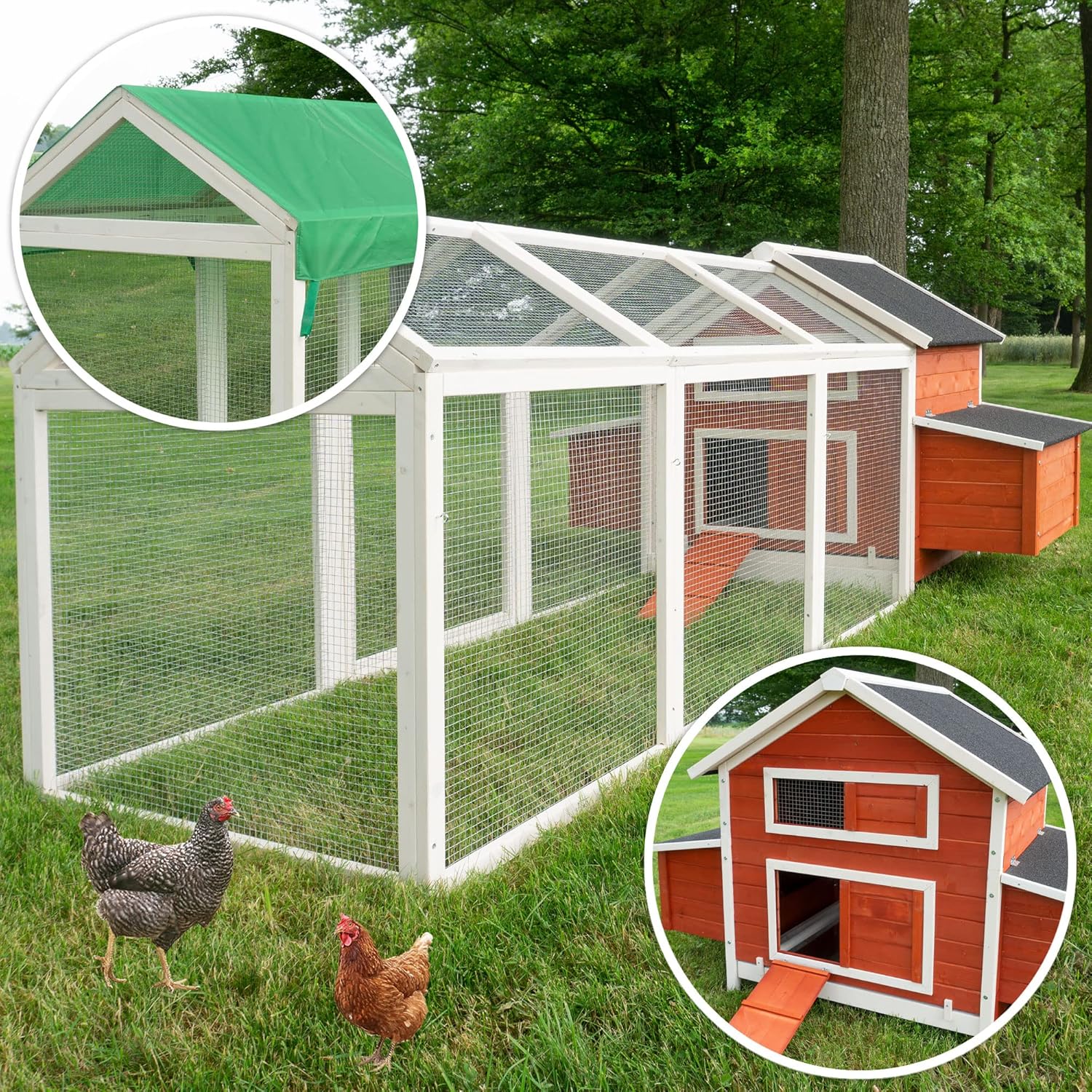 großer Hühnerstall - mit Regen und Sonnenschutz – Hühnerstall aus massivem Vollholz & stabilem Draht – schnell zu reinigen – witterungsbeständig dank hochwertiger Lasur –mit oder ohne Voliere