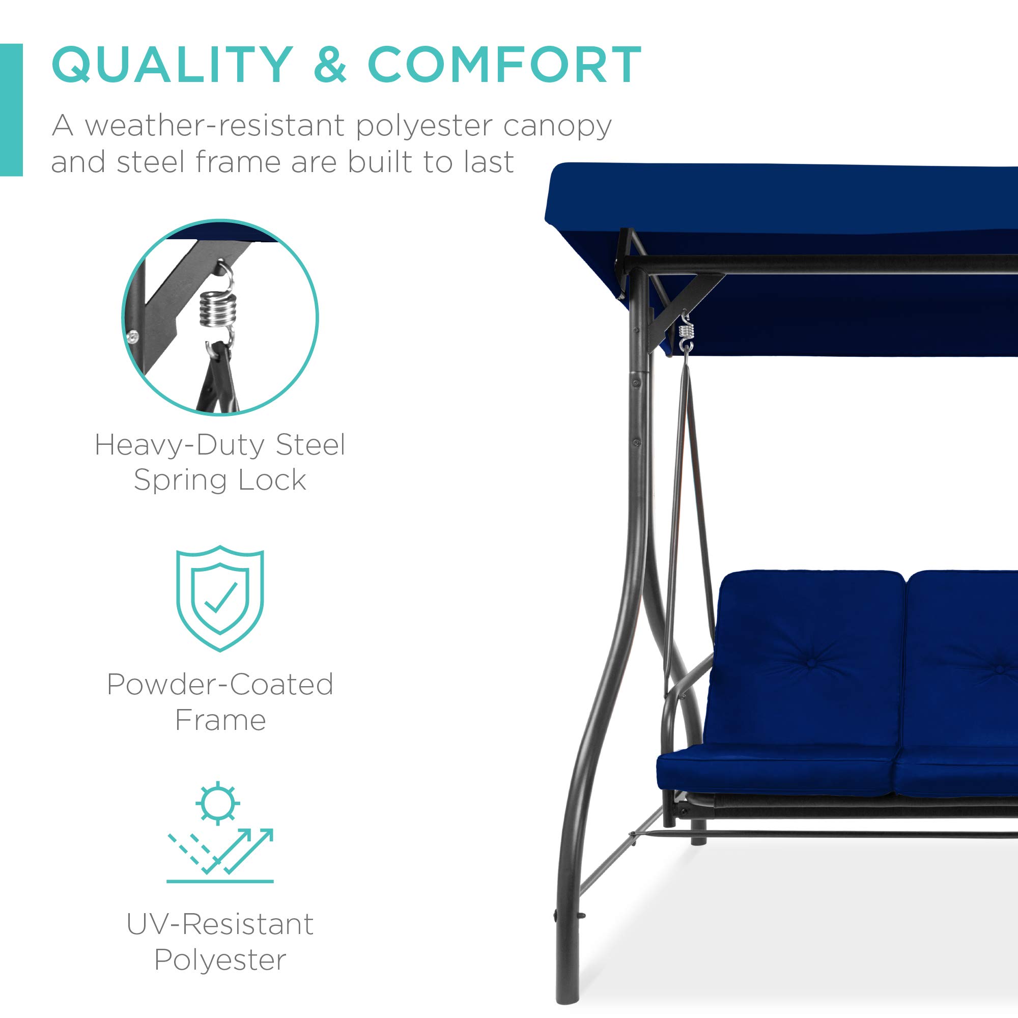 Best Choice Products 3-Seat Outdoor Large Converting Canopy Swing Glider, Patio Hammock Lounge Chair for Porch, Backyard w/Flatbed, Adjustable Shade, Removable Cushions