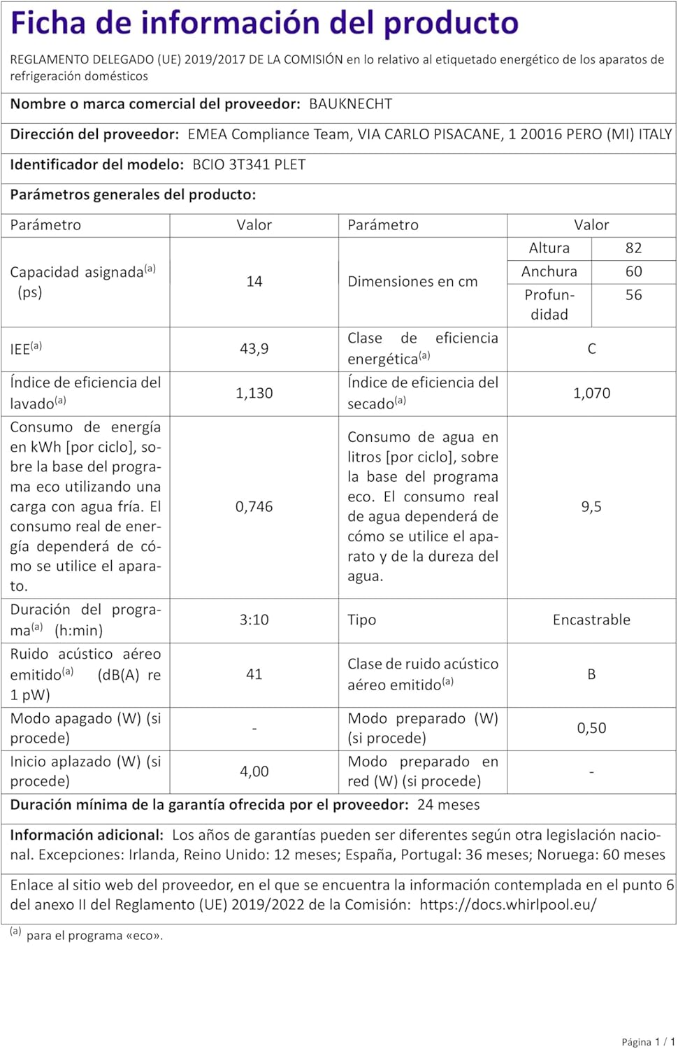 Bauknecht BCIO 3T341 PLET Vollintegrierbarer Geschirrspüler 60 cm /Edelstahl/14 Maßgedecke/10 Standardprogramme und 1 Sensorprogramm/PowerClean/ActiveDry/Besteckschublade/Vollwasserschutz