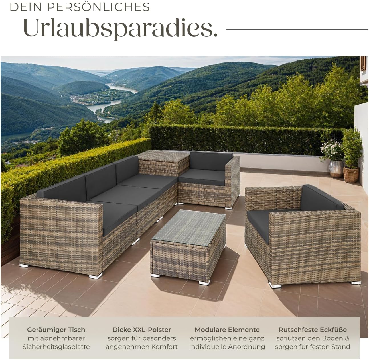 TecTake Polyrattan Seating Group with Storage Box for Upholstery, Table with Glass Top, Freely Groupable Garden Furniture Set, Rattan Lounge for the Garden – Balcony Furniture, Balcony Furniture, Small Balcony