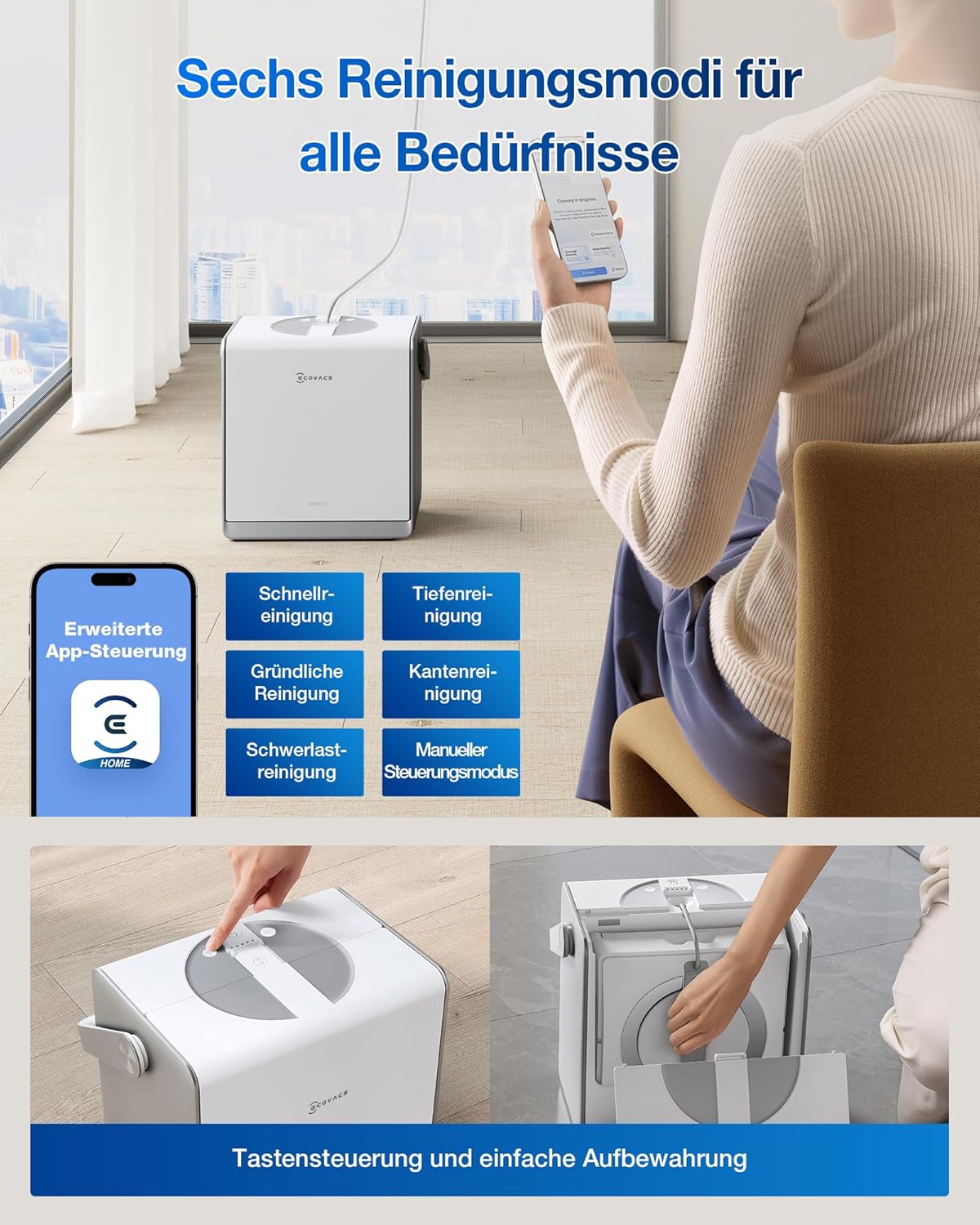 ECOVACS WINBOT W2 PRO Omni Fensterputzroboter mit 6-in-1 Multifunktionsstation, Aufladen im Betrieb, 3-Düsen-Sprühkopf, 12-Stufen-Schutz, Win-SLAM 4.0 Pfadplanung, Weiß