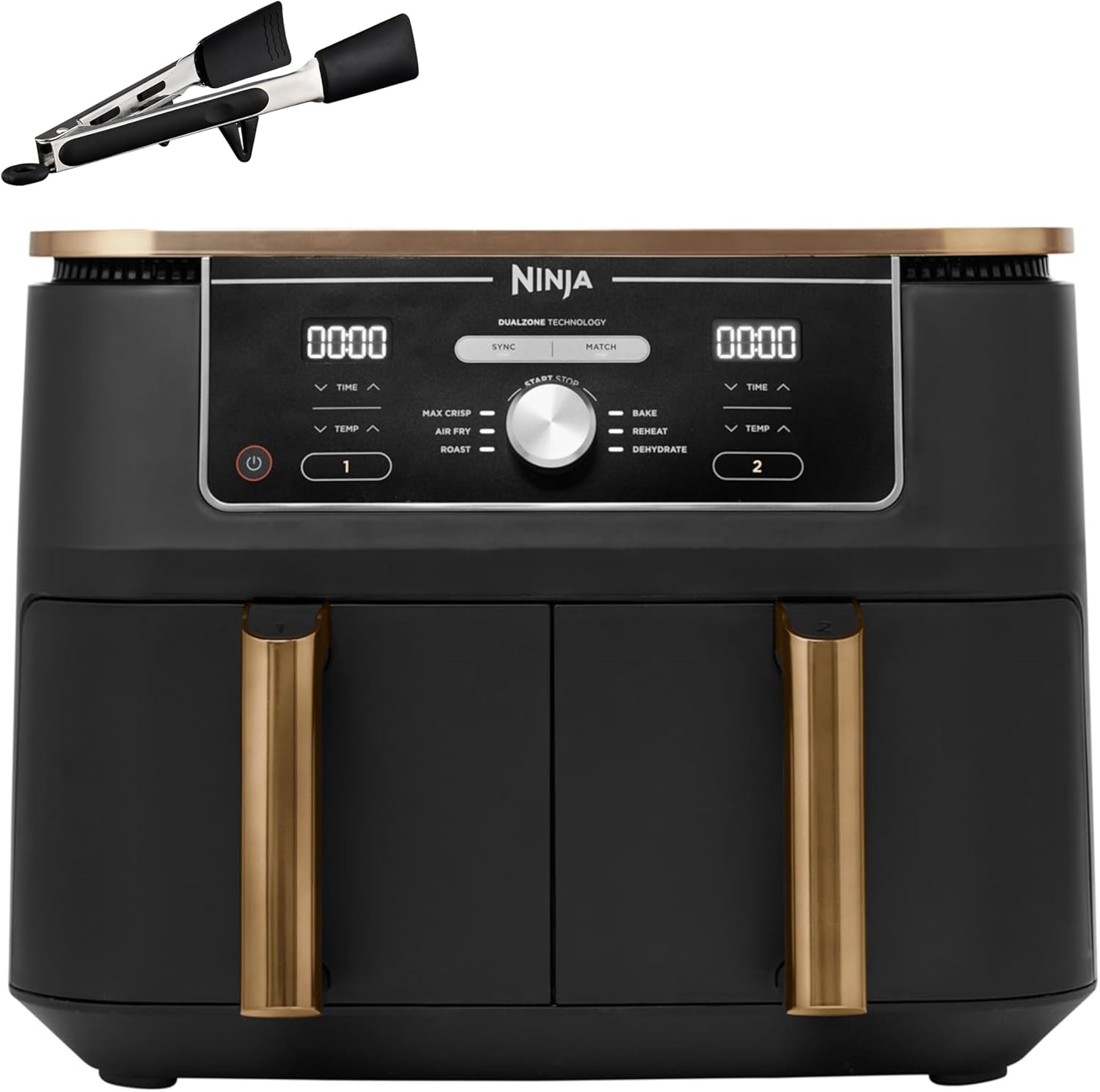 Ninja Foodi MAX Dual Zone Heißluftfritteuse, 9,5L Airfryer, 2 Fächer, mit Zange, Antihaftbeschichtung, spülmaschinenfeste Körbe, 6-in-1, Amazon Exklusiv, Kupfer/Schwarz, AF400EUCP
