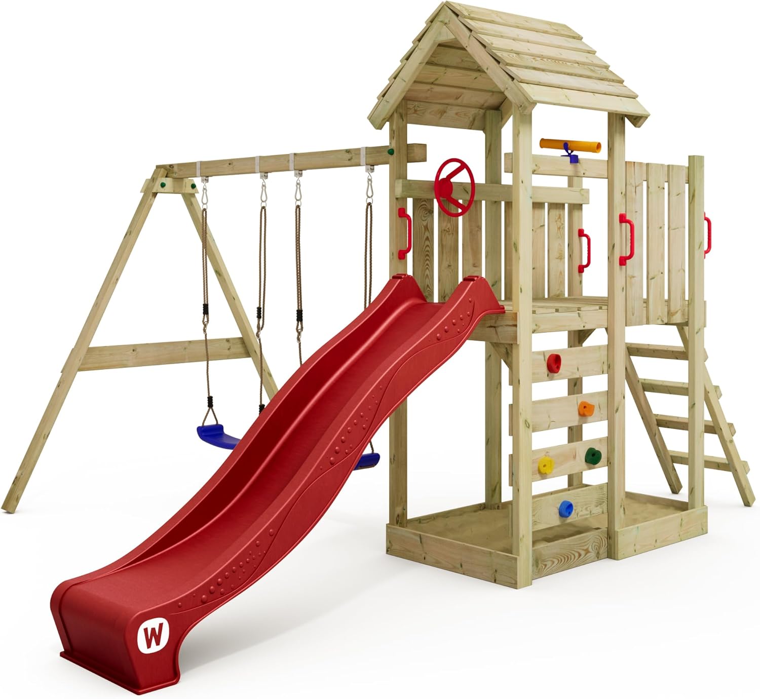WICKEY MultiFlyer Play Tower Climbing Frame Wooden Roof with Swing and Green Slide, Climbing Tower with Wooden Roof, Sandpit, Ladder and Play Accessories