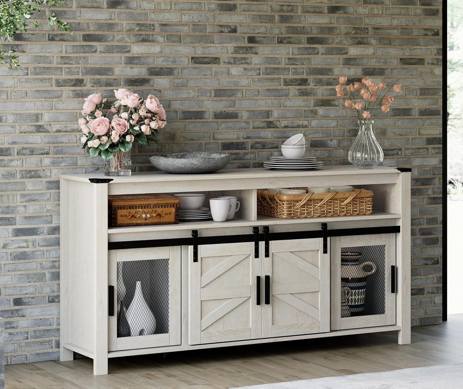 WAMPAT Farmhouse Buffet Cabinet,Rustic Sideboard with Sliding Barn Doors