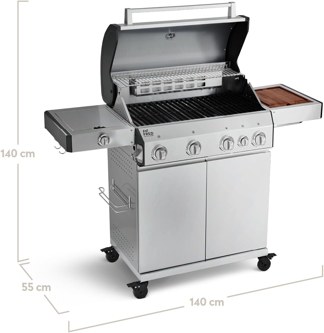 BURNHARD Big Fred Deluxe Series 3, 4-Burner Gas Barbecue Including Backburner, 900 °C Infrared Ceramic Burner, Side Hob, Cast Iron Cooking Grate, Grill Cover, Stainless Steel Grill Trolley + Folding