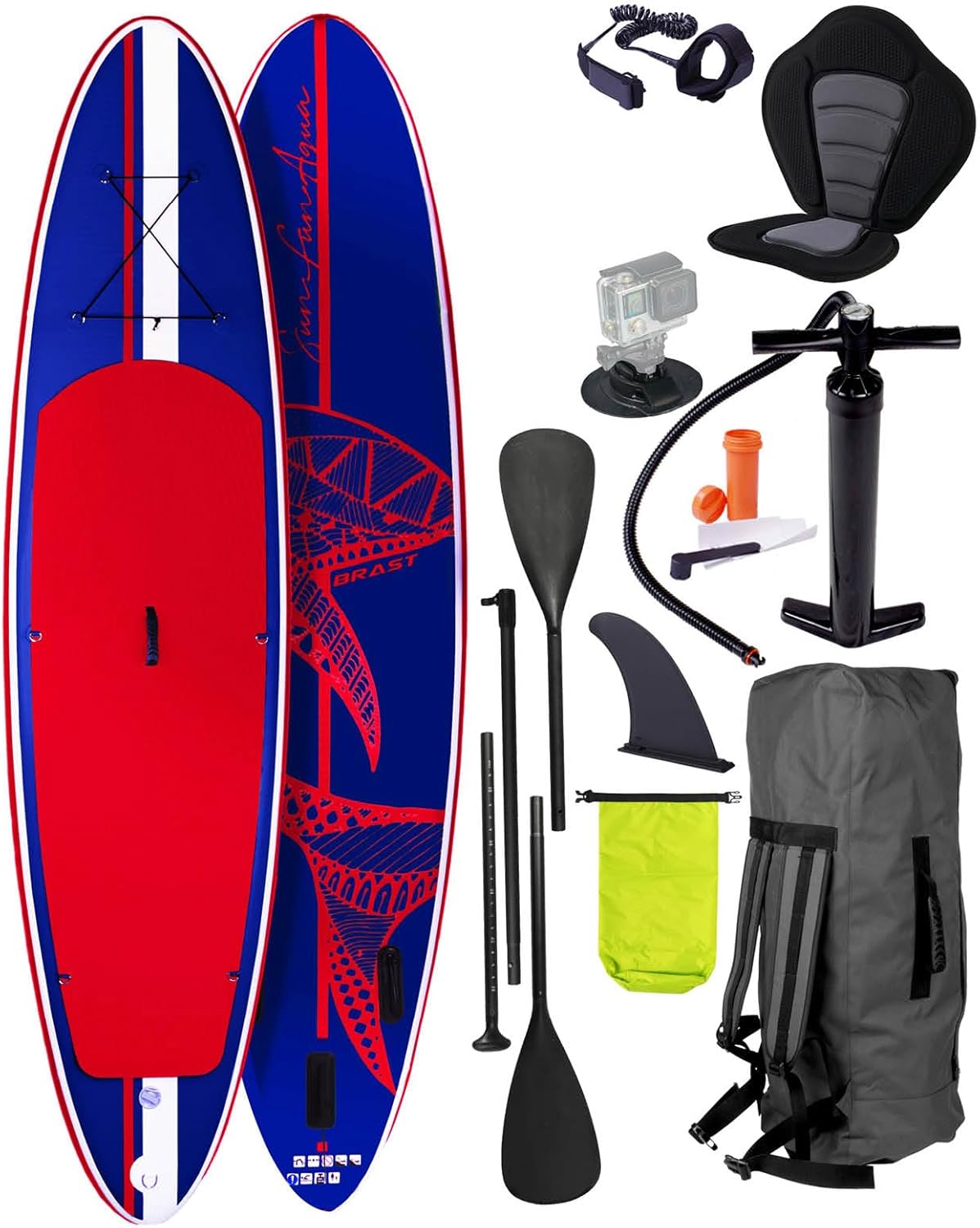 BRAST® SUP Board, Shark, Inflatable Stand Up Paddle Set, 300–320 cm, Many Models, Includes Special Accessories, 2-in-1 Paddle, Kayak Seat, Action Cam Holder, Foot Strap, Pump, Backpack
