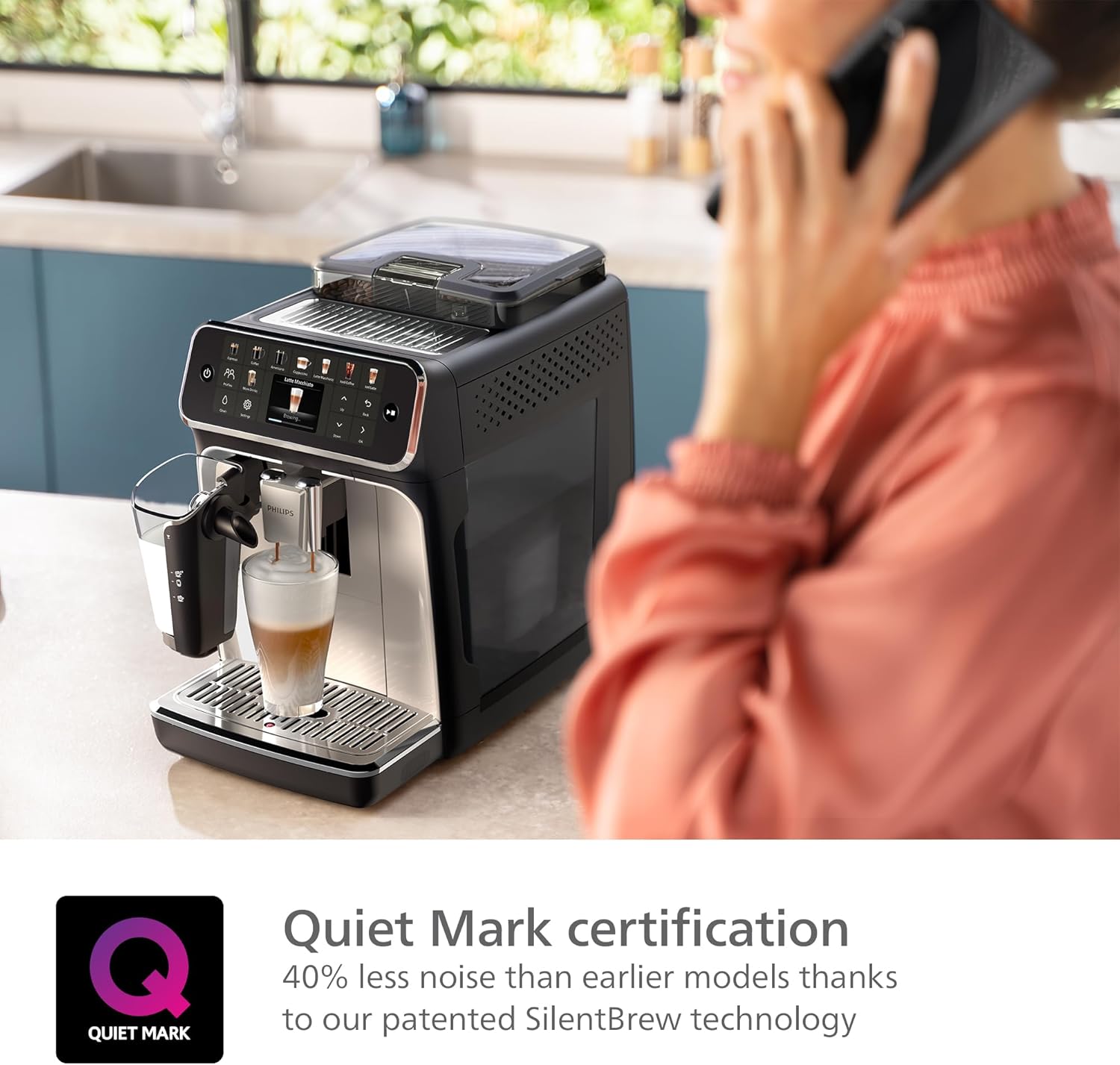 Philips 5500 Series Fully Automatic Espresso Machine – 20 Hot & Iced Coffees, Quick-to-Clean LatteGo Milk System, 40% quieter with SilentBrew, Less waiting with QuickStart, Black, Silver (EP5546/70)