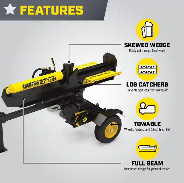 27 Ton 224 cc Gas Powered Hydraulic Wood Log Splitter with Vertical/Horizontal Operation and Auto Return