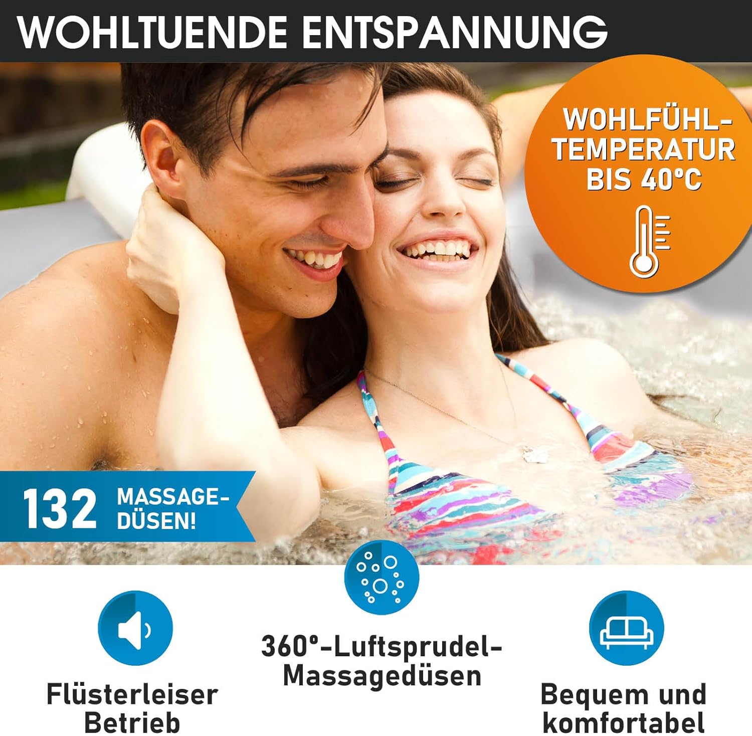 Whirlpool MSpa Inflatable for 6 People Spa 185 x 185 cm In-Outdoor Pool 132 Massage Nozzles Timer Heating Inflating Function with Push Button TÜV Tested Bubble Spa Wellness Massage