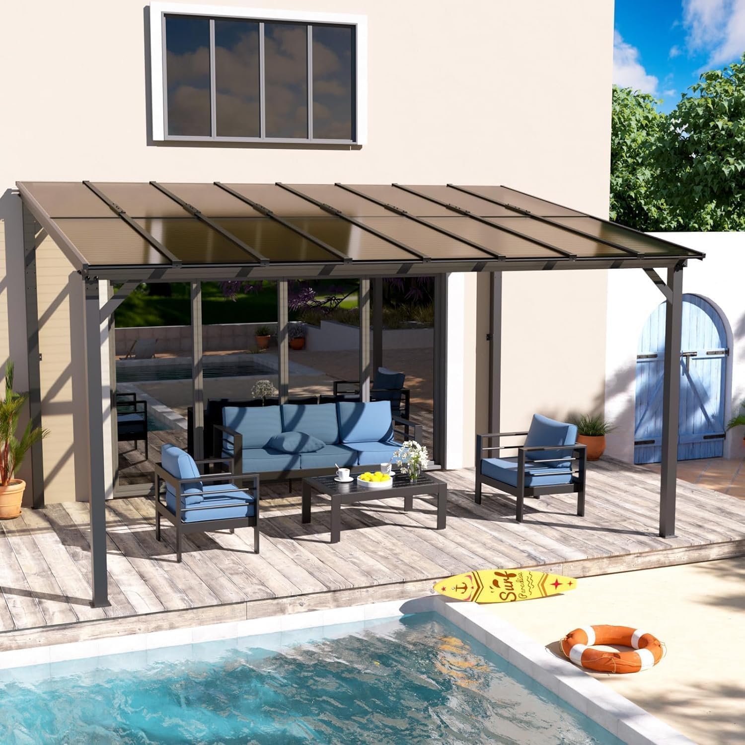 UDPATIO Borneo Patio Canopy 4.2 x 3 m with Sturdy Steel Frame and UV Polycarbonate Roof for Garden, Patio Champagne. Approx. 8 x 8 cm Profile