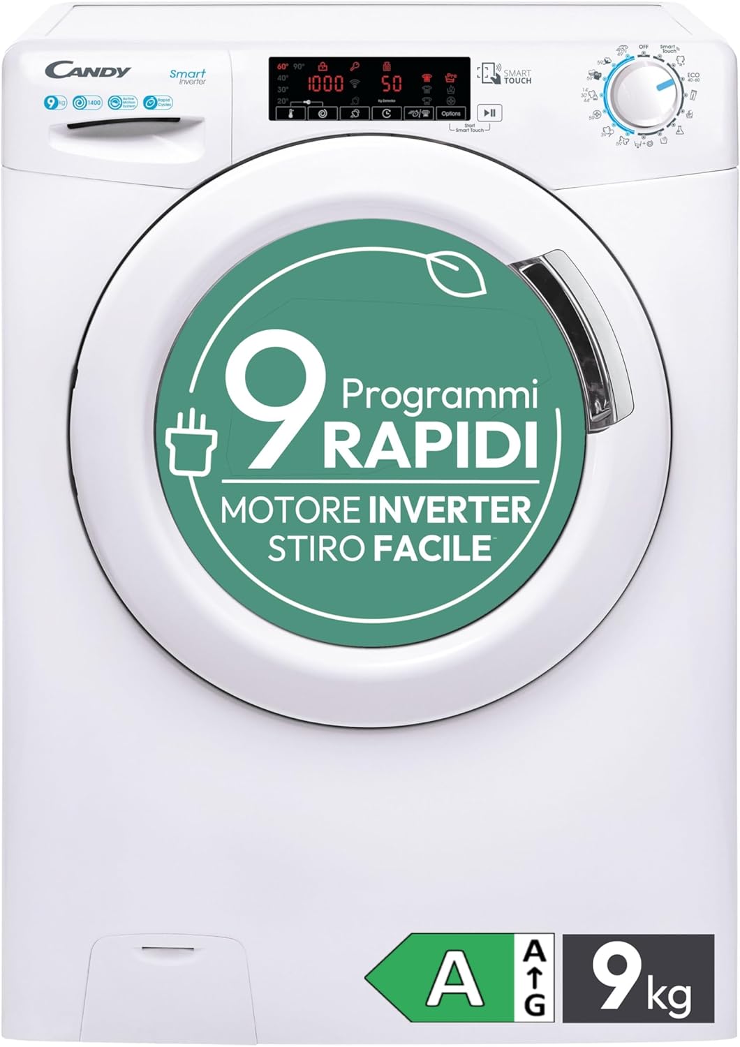 Candy Smart Lavatrice 9kg, Motore Inverter, carica frontale Classe A, 1400 giri, 16 Programmi, Cicli Rapidi, Partenza Ritardata, 60 x 52 x 85 cm, White – CS 149TXME-S [Classe di efficienza energetica A]