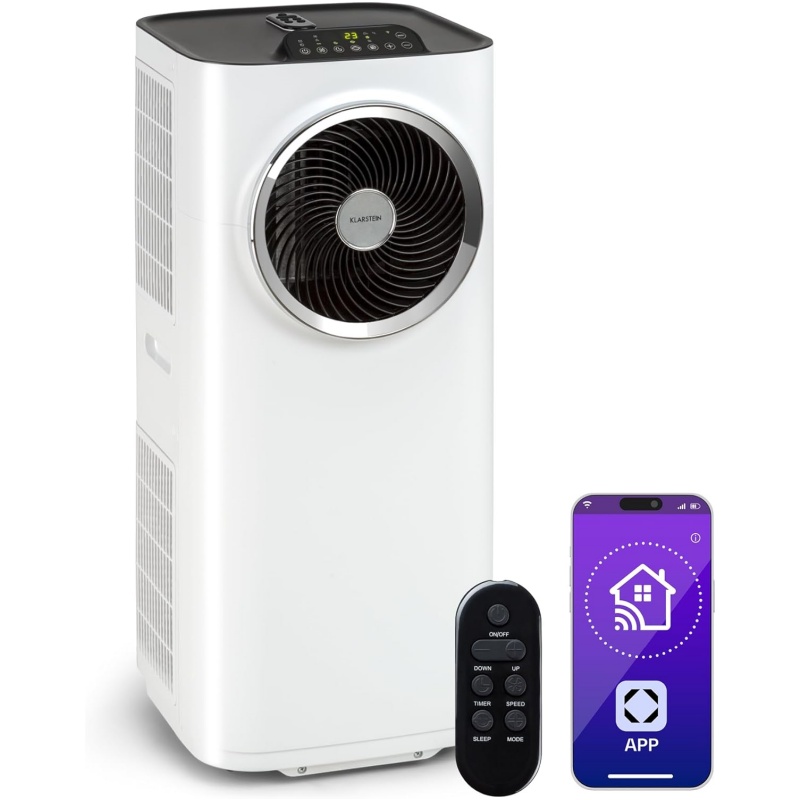 Klarstein Mobile Air Conditioner, 5-in-1 Air Conditioner, Fan, Dehumidifier, Air Purifier & Night Mode, App Control, Home Air Conditioner with Exhaust Hose, Air Conditioner, 10,000 BTU White [Energy Class A]