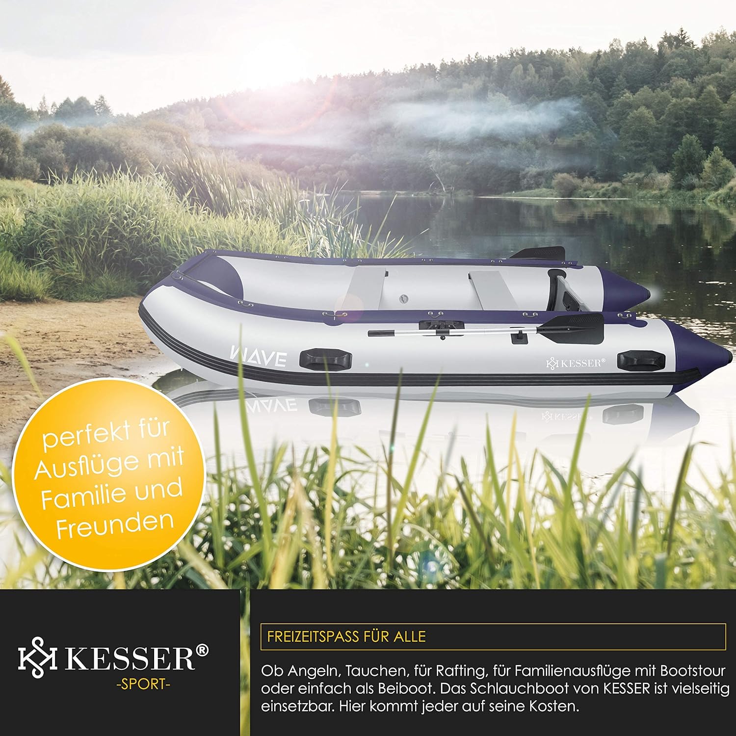 KESSER® Inflatable Boat 3.20 m for 4 People - Wave Motor Suitable Leisure Boat Paddle Boat Motor Boat Fishing Boat - with 2 Benches - Aluminium Base Paddle Pump Repair Kit & Bag Inflatable PVC