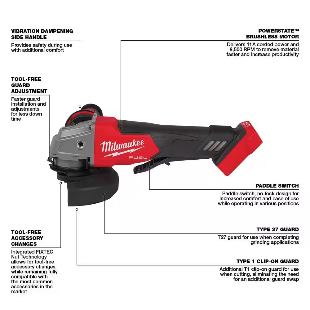 M18 FUEL 18V Lithium-Ion Brushless Cordless 4-1/2 in./5 in. Grinder w/Paddle Switch w/Two 6.0 Ah Battery and Charger