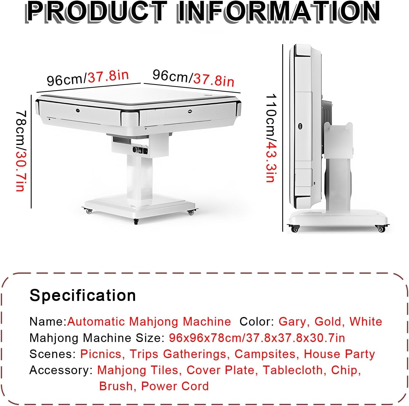 Machine De Mahjong Automatique Portable, Table De Jeu Pliable avec roulettes pour Campings, Fêtes À La Maison, Pique-niques, Voyages, Rassemblements(Gold)