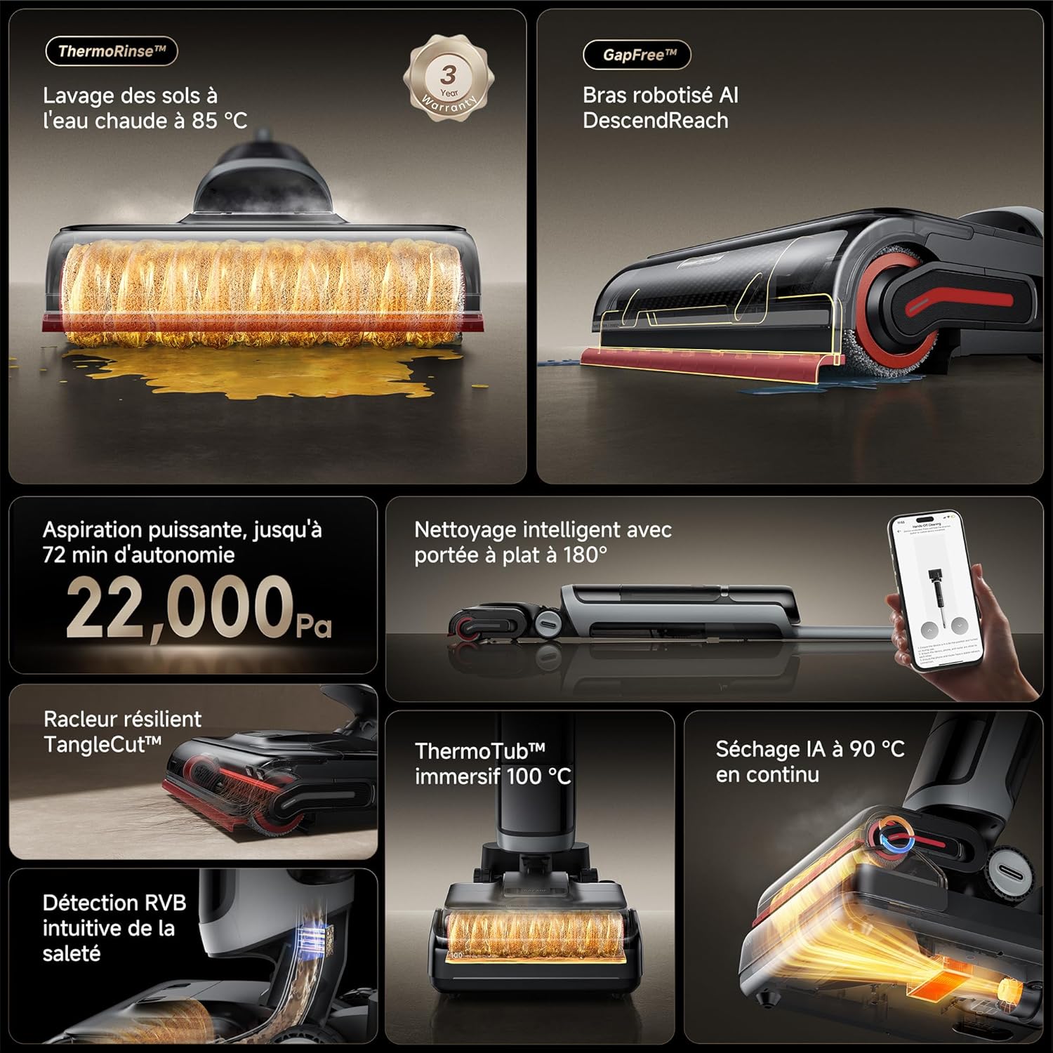 DREAME H15 Pro Heat Vacuum Cleaner, 85°C Floor Cleaning, GapFree AI Robot Arm, Smart RGB Sensor, 22 kPa, 0 Knots, 100°C Brush Wash, 90°C Dry in 5 min, App Control