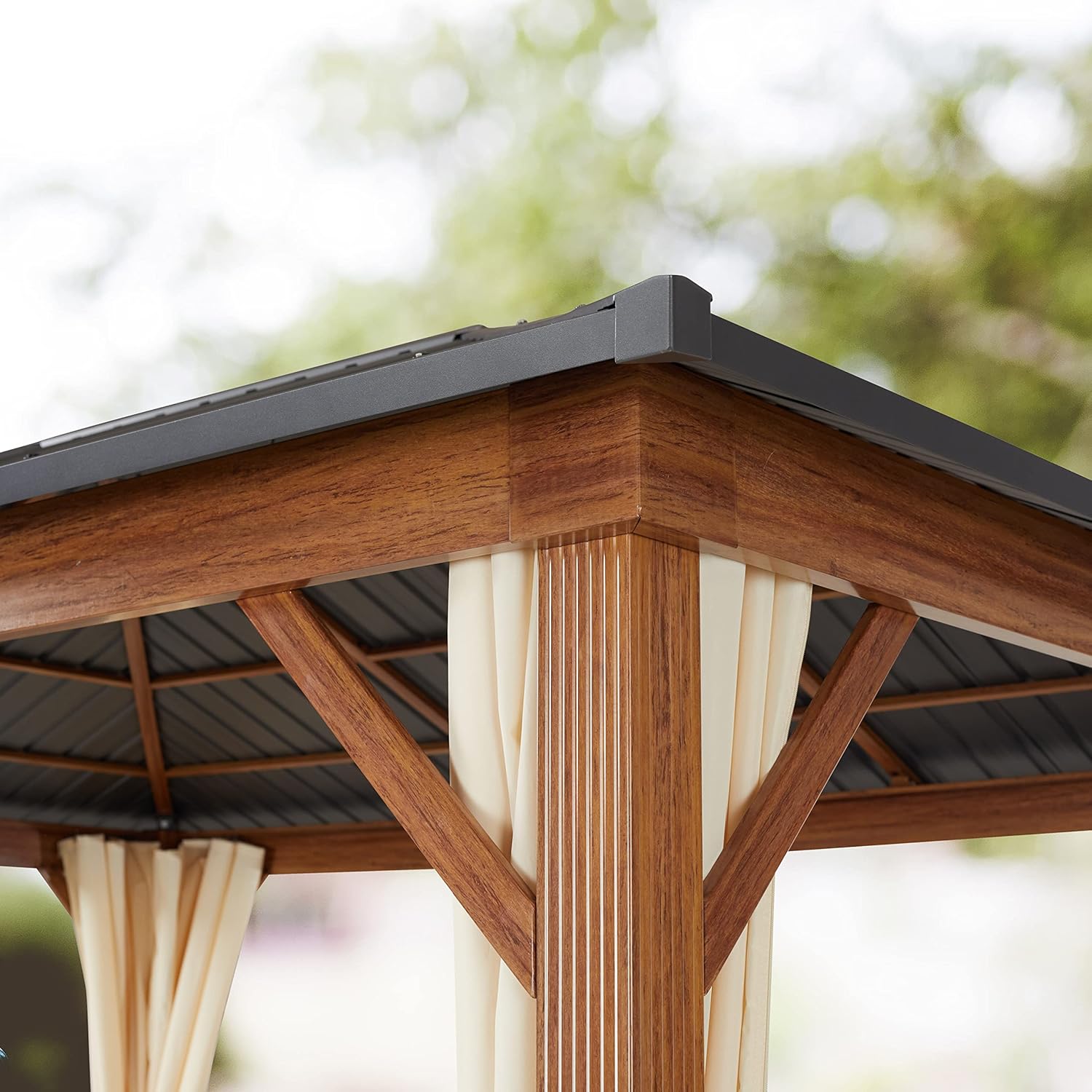 TOOLPORT Garden Gazebo 3 x 4 m Wood Effect Steel Roof Hardtop 4 Side Panels in Grey