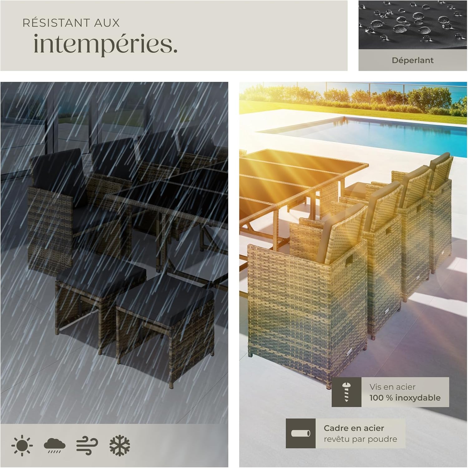 TecTake Rattan Garden Furniture Set - Outdoor Dining Set with 8 Comfortable Chairs, 4 Stools, and 1 Table - Balcony and Patio Furniture - Black/Grey