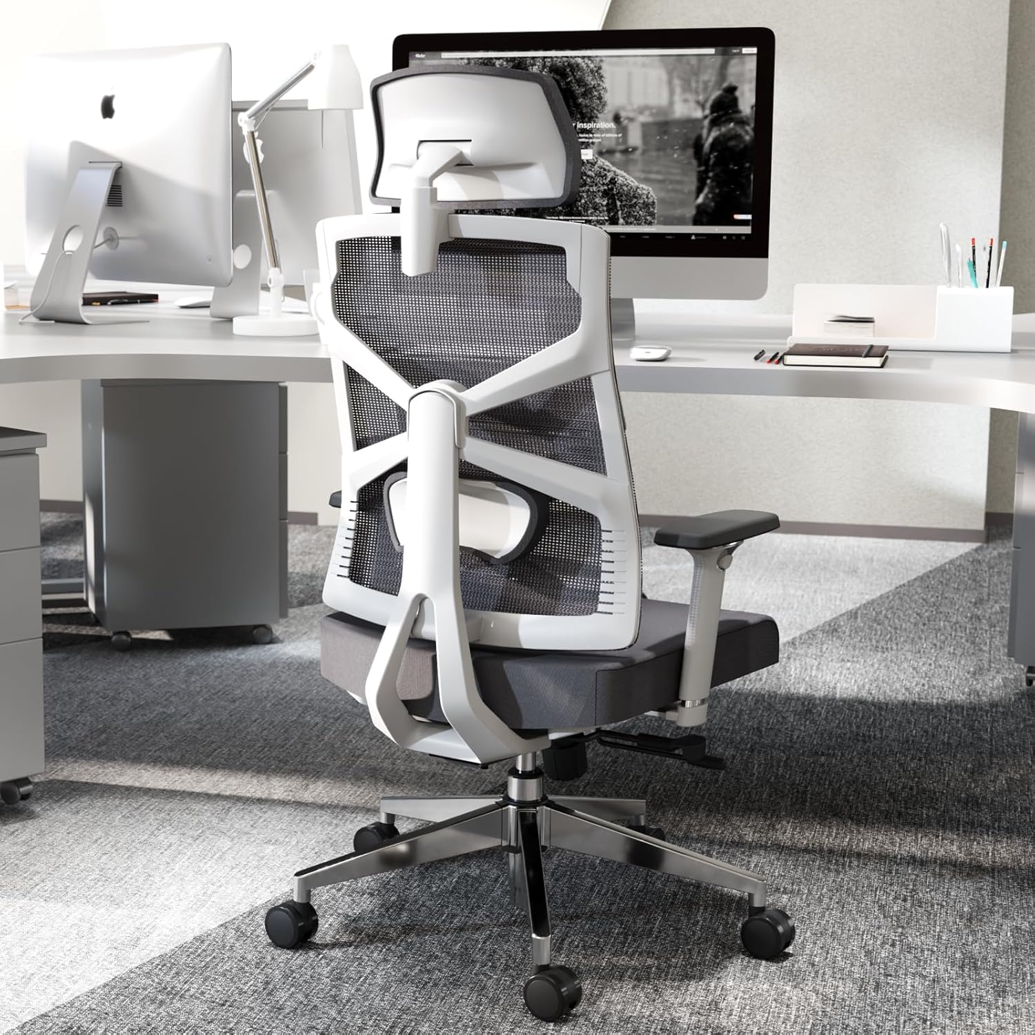 HOLLUDLE Ergonomic Office Chair with Adjustable Backrest, Computer Chair with 4D Armrests, Adjustable Seat Depth, Lumbar Support and 2D Headrest, Task Chair, White