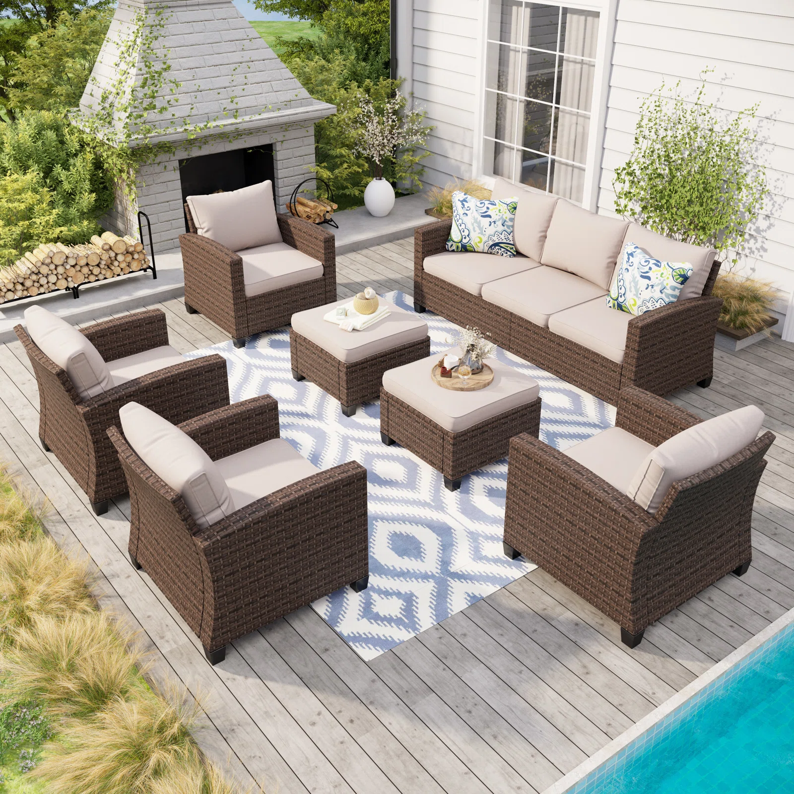 Wicker 9 - Person Garden Lounge Set with Cushions