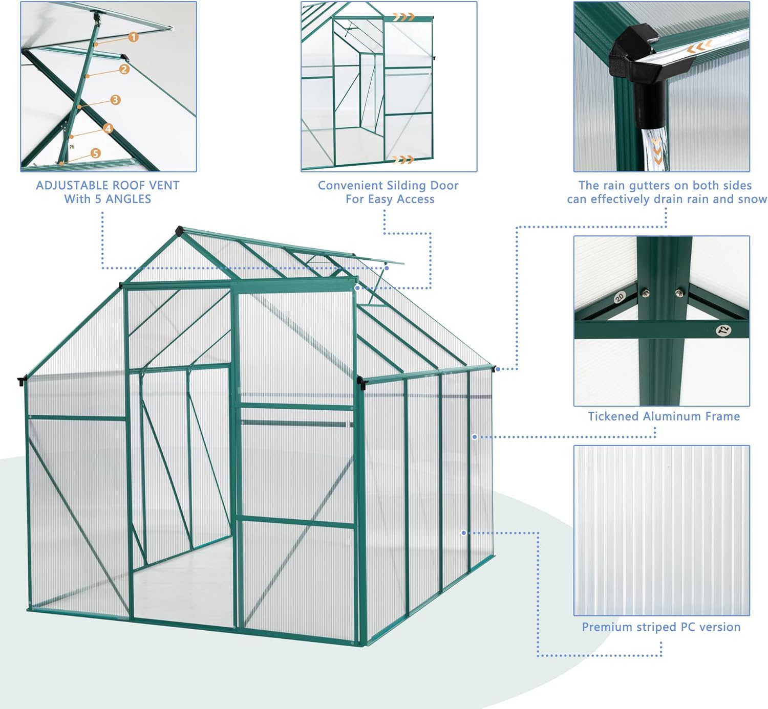 6x8 FT Polycarbonate Greenhouse with Sliding Door and Adjustable Roof