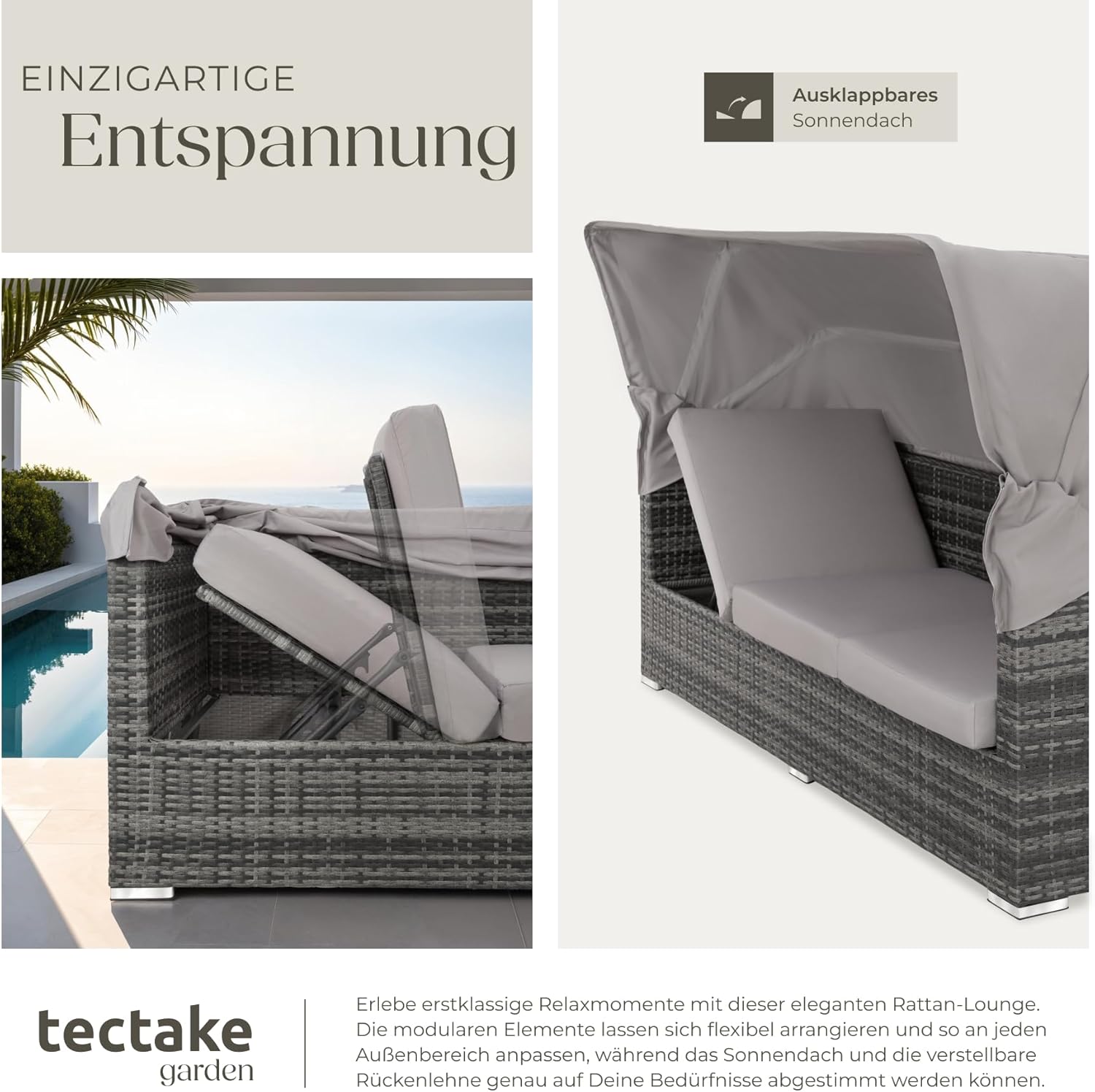 TecTake 800771 Aluminium Poly Rattan Lounge Set, 16-Piece, Weatherproof Garden Sofa with Sun Canopy, Outdoor Furniture Set Including Cushions and Side Table, Various Colours