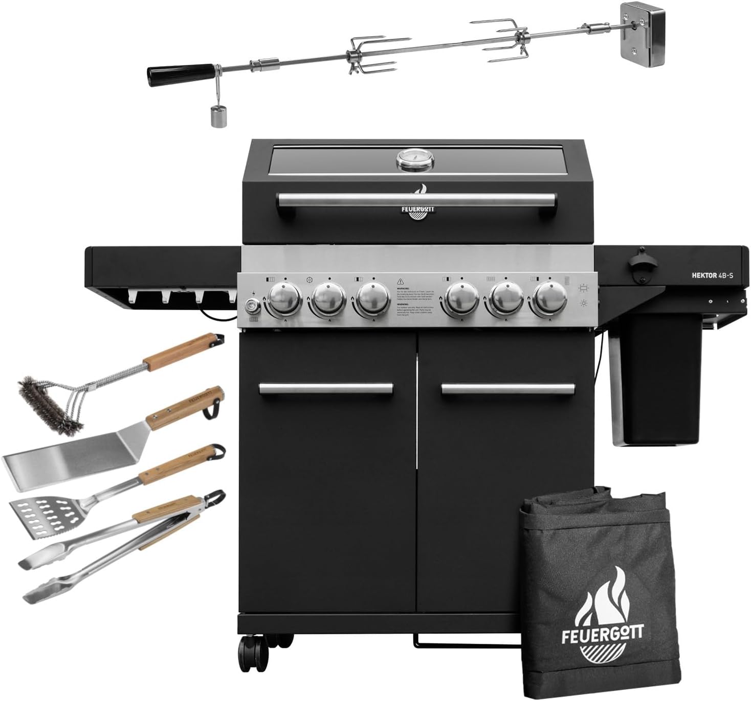 Feuergott Gasgrill Hektor 4B-S inkl. Drehspieß, Abdeckhaube - All Inclusive mit 4 Grill-Utensilien - 4 Brenner, Sear-Brenner, Gusseisenroste, Heckbrenner, Seitenkocher für Garten und Terrasse