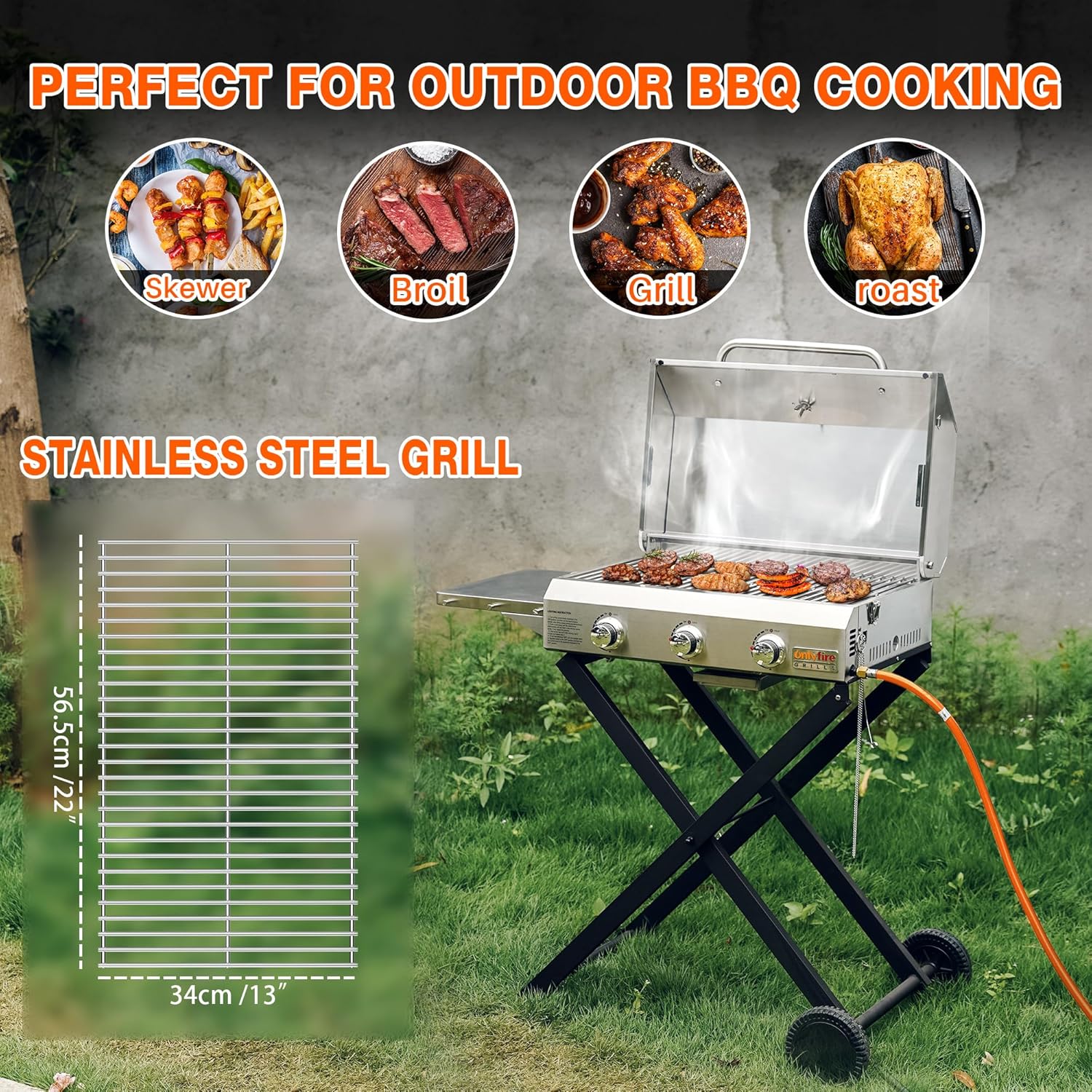 Onlyfire 3 Burner Gas Grill Trolley BBQ Gas Grill with Grill Grate 7 kW Grill Surface 56.5 x 34 cm with Side Tables, Foldable Trolley Wheels, Thermometer for Outdoor Camping Balcony Garden