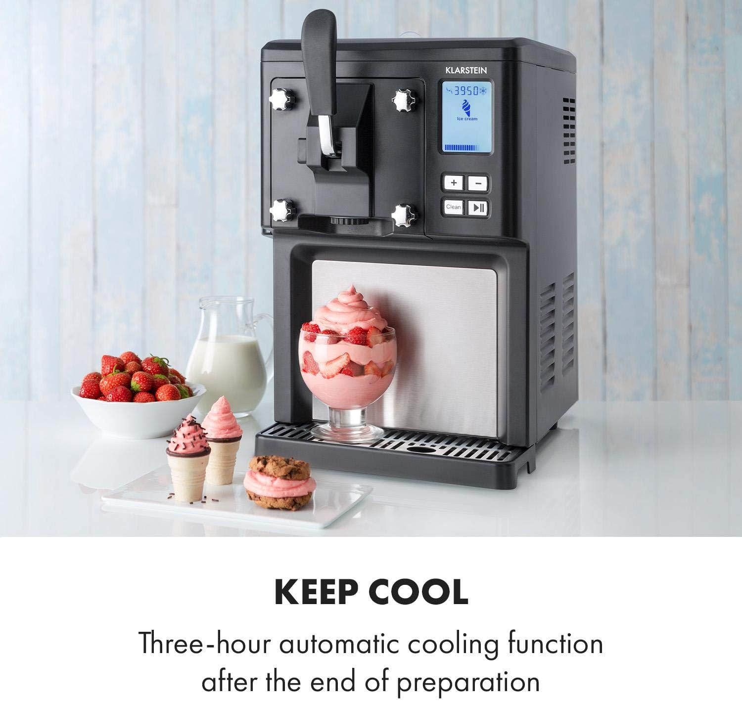 Klarstein Sweet Sundae- Ice Cream Machine, 1.5 Litres, with Self-Cooling Compressor, 200 Watts, Dispensing System, 3 Hour Auto-Cooling Function, Automatic Cleaning System, Stainless Steel