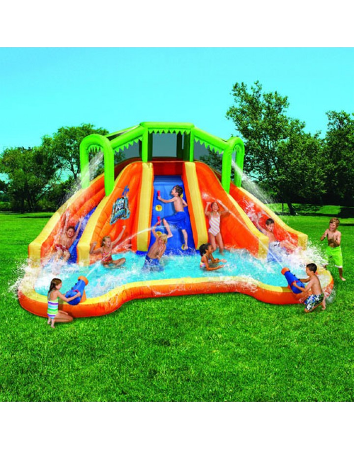 Banzai Twin Falls Lagoon Inflatable Water Slide with Climbing Wall and 2 Cannons