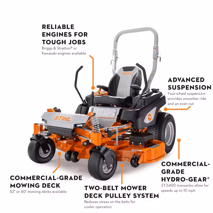 The STIHL RZ 560 is a zero-turn mower with a 60” mowing deck and 27 hp Briggs & Stratton® engine.