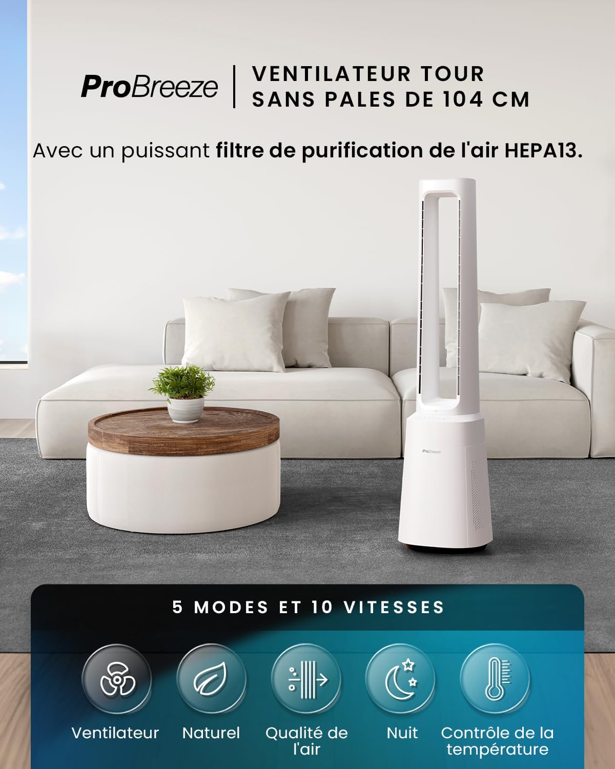 Pro Breeze OmniAir Tower Fan, 105cm Quiet Bladeless Fan, Tower Fan with HEPA Filter, Remote Control, 10 Speeds, 75° Oscillation, Bladeless Fan