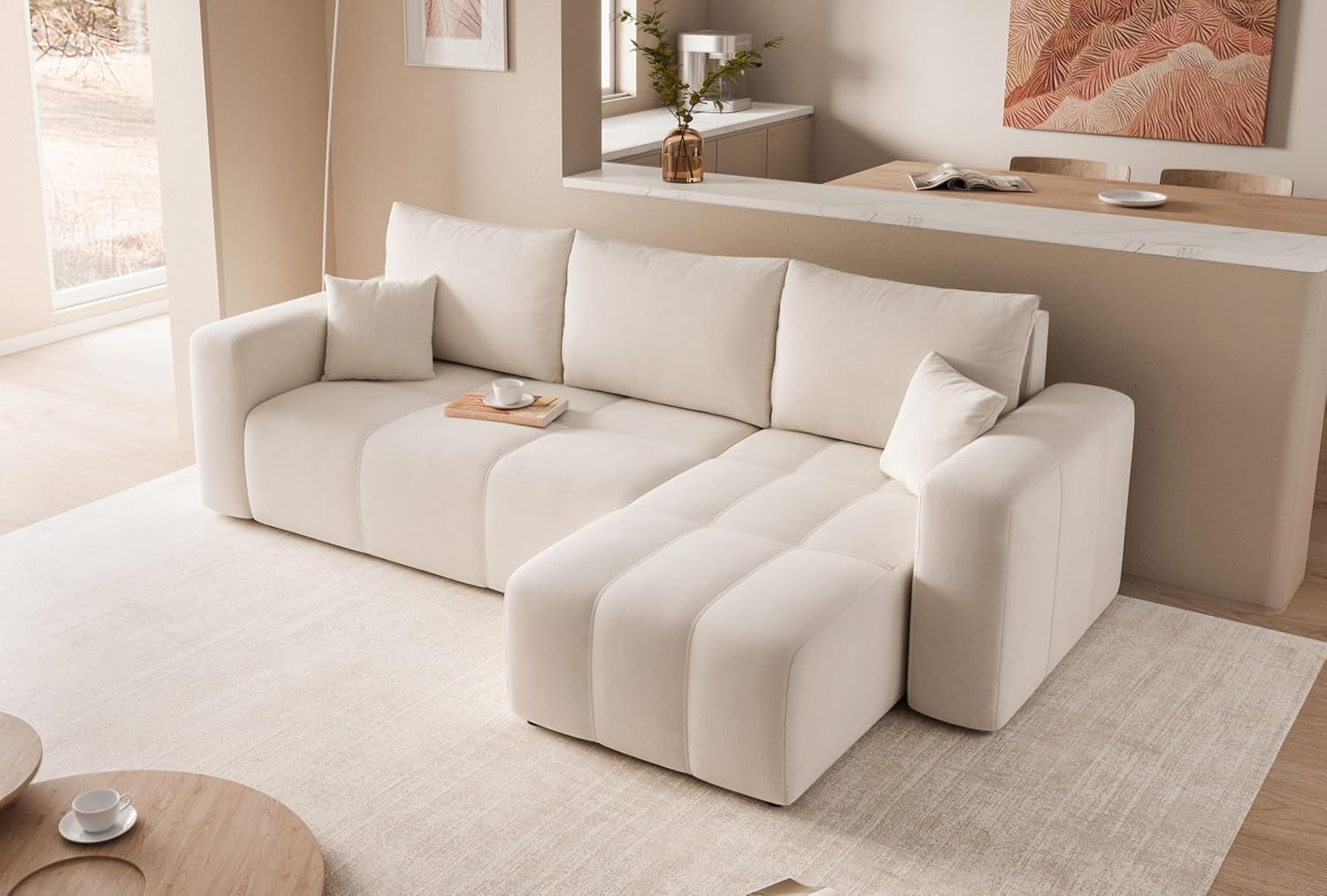 GREKPOL Convertible Corner Sofa 145 x 248 cm Left or Right – 3 Seater Sofa Convertible Cream with Storage Space